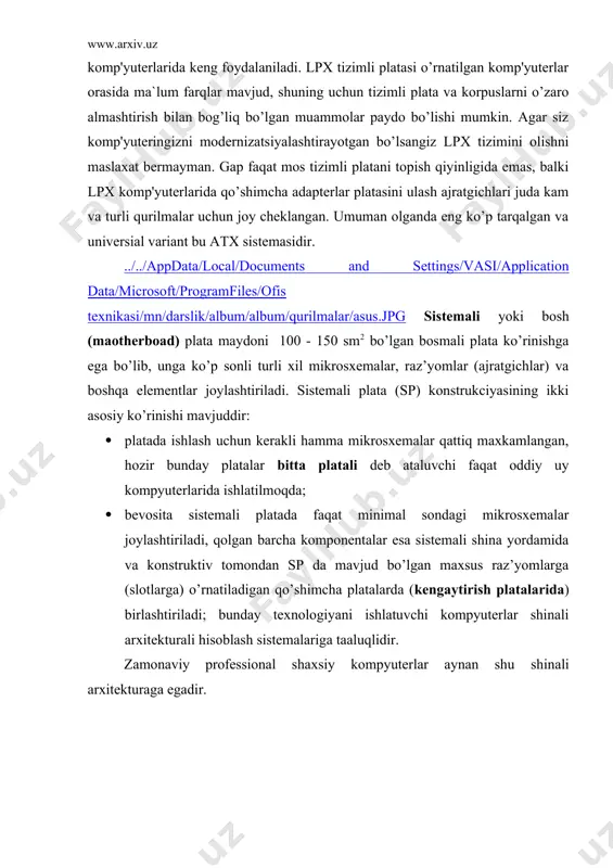 r ularni topish mumkin; · 80286 mp lari uchun platalar - ular ham eskirdi, lekin ba’zi kompyuterlarda hali ham ishlatilmoqda (80386 va undan yuqori mp lar uchun yaroqsizdir); · 80386 va 80486 mikroprocessorlari uchun platalar - hozir ham mos shk larda ishlatilmoqda, lekin shuni inobatga olish kerakki, 80386 mp li kompyuterlarda o’rnatilgan sistemali platalar ko’pincha 80486 mp da o’rnatish uchun yaroqsizdir; 80486 mp li kompyuterlarda o’rnatilganlari ko’pincha pentium mp larida o’rnatish uchun yaroqsizdir (mos ravishda o’zgartirishda (up-grate) mp ni almashtirganda sistemali platani ham almashtirishga to’g’ri keladi - bu sezilarli qimmatroqdir); bu guruhdagi platalardan ba’zilari qo’shimcha over drive mp ni o’rnatish imkonini beradi, bu esa asosiy mikroprocessor tavsiflarini pentium mp larining tavsiflari darajasigacha kengaytiradi. bu guruhda sistemali platalarning ko’pgina muhim parametrlari aniqlangan, ular zamonaviy tp larni tavsiflaydi va shu vaqtgacha, xususan, birikmani nolli kuchaytirishli mikroprocessorli raz’yom tipi standart bo’lib koddi (zip tipidagi), bu esa uy sharoitlarida maxsus asboblarni qo’llamasdan mp ni …