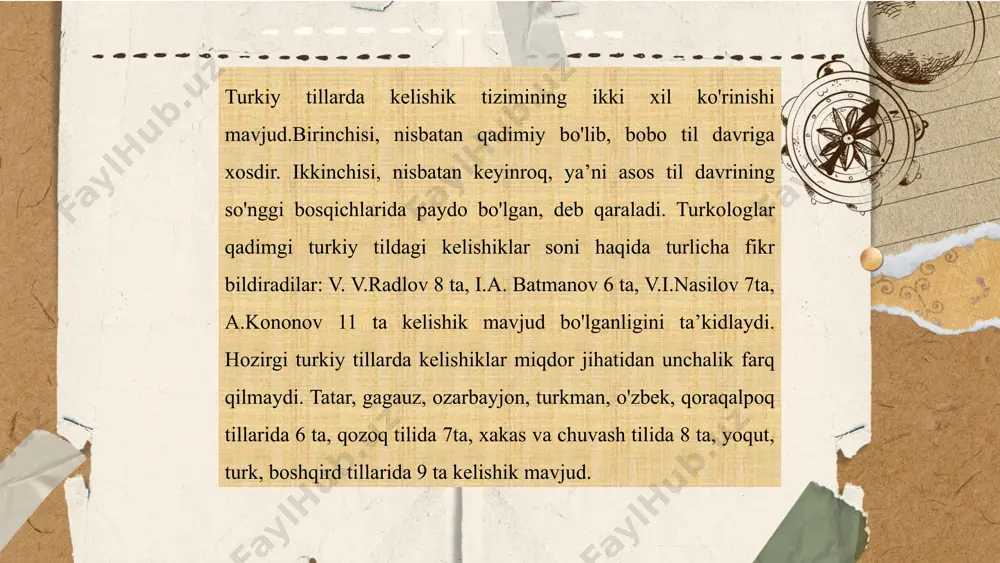 lishigining -ig /-/ig (unlidan keyin: -g/-g) affiksli shakli ham qo'llangan. bu shakl o'rxun-enasoy va boshqa qadimgi turkiy til bitiklarida keng iste’molda bo'lgan. xi-xii asrlar eski turkiy til yodgorliklarida ham qo'llangan. ... t.me/slaydai_bot tushum kelishigi shaklining qaratqich kelishigi o'rnida qo'llanishi xvi-xix asrlarga oid yodgorliklar hamda “boburnoma” tiliga xos bo'lgan. bir qator manbalarda, xususan, muhammad solihning “shayboniynoma” va alisher navoiy asarlarida tushum kelishigining bunday ishlatilishi qayd etilmaydi. majhul daraja shaklidagi fe’llar, odatda. bosh kelishikdagi so'zni boshqaradi. shu bilan birga, ayrim manbalarda bunday fe’llar tushum kelishigidagi so'zni boshqargan hollar ham mavjud. bu hol “boburnoma" tiliga xos bo‘lib, alisher navoiyning ayrim nasriy asarlarida ham uchraydi: (qasim bek baslig beklarni yibarildi — bn). ... t.me/slaydai_bot turkiy tillarda jo'nalish kelishigining -qa/ -ga / -ga, -ka/-ga/-a /-э / ya/ -qa/ -ja / a, -ka(<-karu) shakllari qo‘llanadi. -ga / -ga, -q a /-k a affikslari jo'nalish kelishigining asosiy shaklini tashkil etadi. bu shakllarning ishlatilishi, asosan, shu affiksni qabul …