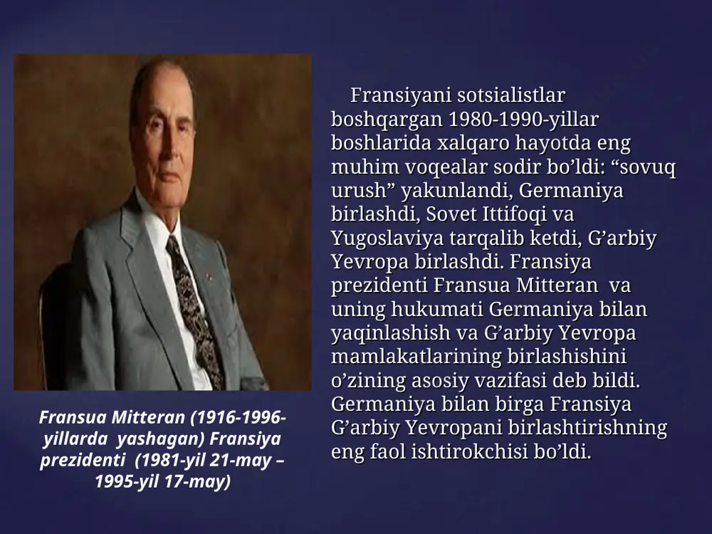 ralandi?_________________ 3)qaysi fransiya prezidenti 2012-yili boylar uchun qo’shimcha soliq o’rnatish tashabbusi bilan chiqdi? ____________________________________________ 1) “olg’a” harakatining vakili kim edi?_______________________________________ 2) milliy front vakili marin le pen ilk prezidentlik saylovlarida ikkinchi turga chiqib, qariyb necha foiz ovoz oldi?_______________________ 3) fransiyada muhojirlar sonining oshishi, terrorizm xavfining kuchyishi sharoitida qaysi partiyaning obro’yi oshib bordi?_______________ { mustaqil ish internet vositasida fransiyaga vertual sayohat uyushtiring va mavzuda o’rganilgan materiallar asosida tarixiy voelikni tahlil qiling.