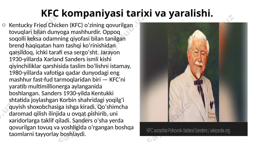 kompaniya oʻsishda davom etdi va 1997-yilda pepsico oʻzining kfc, taco bell va pizza huntʼni oʻz ichiga olgan restoranlar tarmogʻini tricon global restoraniga aylantirdi. yangi kompaniya oʻzining nomini 2022-yil may oyida yum! brandsʼga almashtirdi. zamon bilan hamnafas boʻlish uchun kfc oʻz menyusiga turli xil yangi taomlarni kiritdi. hindiston kabi mamlakatlarda u kattaroq auditoriyani jalb etish maqsadida koʻplab vegetarian taomlarni taklif qildi. shunga oʻxshab, kfc oʻz menyusini faoliyat yuritayotgan mamlakatining taomillariga qarab modullashtirgan. bugungi kunda kfc dunyoning 150 davlatida 22 600 ta kompaniyaga ega boʻlib, brend qiymati 8,3 milliard aqsh dollarini va 2020-yil 27-iyul holatiga koʻra, 27,9 milliard dollarlik sotuvni tashkil etadi. kompaniya, shuningdek, oʻsimlikka asoslangan goʻsht bilan tajriba oʻtkazmoqda va uning oʻsishini kengaytirish uchun yangi texnologiyalardan foydalanishga intilmoqda. kfc haqida ajoyib faktlar turi: shoʻba korxona sanoat: fast food shiori: " itʼs finger lickin hood" ( shunchalik mazaliki, barmoqlaringizni qalaysiz) maqsadi: butun dunyodagi eng yaxshi ovqatlanish tarmogʻi boʻlish asoschilari: harland sanders tonk …