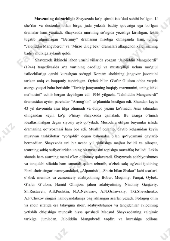 yondashuvlardan hamda samaradorligini ta’minlovchi kurs ishi natijalaridan pedagogik fanlar bo‘yicha ma’ruzalar tayyorlash, qo‘llanmalar yaratish, shuningdek metodik tavsiyanomalar yaratishda, ish tajribalarini ommalashtirishda samarali foydalanishga xizmat qiladi. kurs ishning tadqiqot uslubi va uslubiyoti: ilmiy ommabop manbalardan to’plangan ma’lumotlar tahlil qilib,xulosa va takliflar qilish. kurs ishi tuzilishi: bajarilgan kurs ishi kirish qismi, ikkita bobdan va qilingan xulosalardan iborat. ishda o’rganilishi e’tiborga olingan ma’lumotlar tushunarli ravishda ifodalash uchun chizma jadvallar va rasmlar berildi.ishga qo’yilgan maqsadga erishishi uchun to’plangan adabiyotlar manbalarning nomlari va elektron manzillari keltirildi. i bob. maqsud shayxzoda hayoti va ijodidagi o’ziga xoslik 1.1.maqsud shayxzoda hayoti va ijodi aslida qondosh ozarbayjon naslidan bo‘lib, keyinchalik o‘zbek xalqining chinakam sevimli shoiri, yozuvchisi, dramaturgi, zabardast olimi sifatida dong taratgan maqsud shayxzoda 1908 yili ozarbayjonning ganja viloyatiga qarashli oqtosh shahrida tug‘ildi. otasi ma’sumbek elu-yurtda katta obro‘ga ega shifokor edi. u san’at va adabiyotni sevar, tarix va falsafaga qiziqardi, oqtosh ziyolilari bilan turli masalalarda suhbatlashardi. yosh maqsud nizomiy …