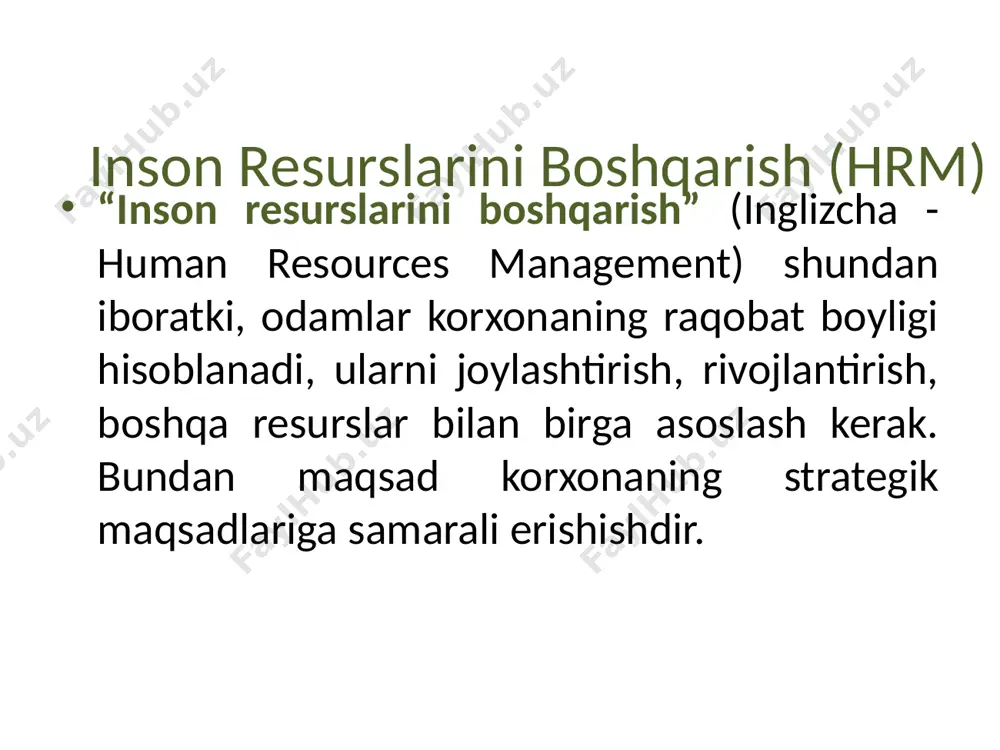 hasi ancha umumiy tarzda mazkur korhona va tashkilotning barcha yollangan hodimlari jamini qamrab oladi, ular mutlaqo aniq vazifalarni bajaradilar. “personalni boshqarish (pm)” va “inson resurlarini boshqarish (hrm)” tushunchalari orasidagi farq http://thedifference.ru/otlichie-upravleniya-personalom-ot-upravleniya-chelovecheskimi-resursami/ personalni boshqarish an’anaviy uslub kadrlani boshqarish, hodimlarning va ishchilar orasidagi munosabatlarning farovonligi inson resuslarini boshqarish zamonaviy uslub jamoaviy yondashuv ahamiyat menejerlarga qaratilgan chiziqli boshqaruv uslubidagi menejer boshqaruvi ostida olib boriladi bosh (oliy) rahbar boshqaruvi ostida olib boriladi ahamiyat oddiy hodimlarga qaratilgan individual yondashuv korxonadagi inson resurslarini yollash, rivojlantirish, motivatsiya qilish. foydalanilgan adabiyotlar ro’yxati o’zbekiston respublikasining mehnat kodeksi. - t.: “adolat”, 1996. o’zbekiston respublikasining “kadrlar tayyorlash milliy dasturi”. toshkent, 1998. “personalni boshqarish” fanidan ma’ruzalar matni, timi, toshkent, 2013 “personalni boshqarish” fanidan ma’ruzalar matni, samarqand qishloq xo’jalik instituti, samarqand, 2007 hhtp://thedifference.ru/otlichie-upravleniya-personalom-ot-upravleniya-chelovecheskimi-resursami/ адабиётлар: ўзбекистон республикаси президентининг фармони «2022 — 2026 йилларга мўлжалланган янги ўзбекистоннинг тараққиёт стратегияси тўғрисида» 28.01.2022 йил, пф-60-сон q.x.abdurahmonov, x.x.abdurahmonov, inson resurslarini boshqarish. o'quv qo'llanma. toshkent: ilm ziyo, 2014, 272 …