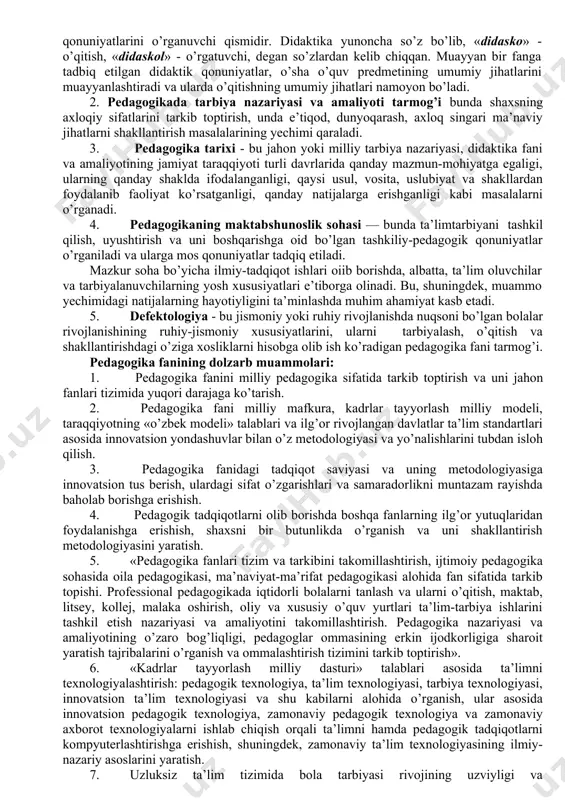 kki yoqlama (ya’ni, o’qituvchi va o’quvchi fao-liyati) jarayon bo’lib, u kishini shaxs sifatida hayotga va mehnatga ongli ravishda tayyorlash vositasi. 2.1. «ta’limning milliy modeli — o’zbekiston respublikasida ta’lim tizimini yangilangan sog’lom pedagogik tafakkur asosida tub-dan isloh qilish, ta’lim-tarbiya muassasalarida tayyorlanadigan kadr-larni intellektual, ma’naviy va axloqiy saviyasiga ko’ra rivojlangan mamlakatlardagi darajaga yetkazish bo’yicha belgilangan nazariy-metodologik, amaliy pedagogik yondashuvlar majmuyi. 3. ma’lumot berish — bu o’rganilayotgan obyekt (ta’lim-tarbiya jarayoni, ta’lim-tarbiya oluvchi va h.k.)ning muhim xususiyatlari va xossalari haqidagi ma’lumotlarni ifodalash jarayoni bo’lib, unda obyekt to’g’risida sonli va sifatli ma’lumotlar aks ettirilgan bo’ladi. ma’lumot berish - bunda nafaqat o’qitish, balki o’ziga mustaqil bilim olish, ommaviy axborotlar ta’sirida bo’lish bilan birga, inson-ning ilmiy tizimni egallashi, ilmiy dunyoqarashni shakllantirish ko’zda tutiladi. ma’lumot — ta’lim-tarbiya natijasida olingan va tizimlashtirilgan bilim, hosil qilingan ko’nikma va malakalar hamda tarkib topgan dunyoqarashlar majmui. bilimlar - odamlarnlarning ijtimoiy-tarixiy amaliyot jarayonida to’plangan va umumlashgan tajribasi. buyuk davlat arbobi va ilm-fan homiysi, …