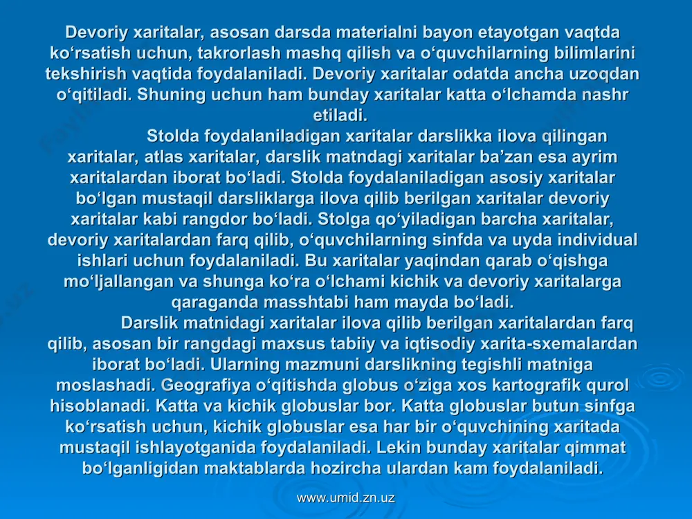 a-kichikligi miqyosli ko‘rsatilgan. kartodiagrammaga o‘zbekiston iqtisodiy tumanlarida qoramollar soni va ekin maydonlari xaritalari, viloyatlari va respublikalari bo‘yicha sanoat joylashishining xaritalari va hokazolari misol bo‘la oladi. xaritaning uchinchi turi-nuqtali xaritalardir, bunday xaritalarda muayyan joylardagi hodisalar bir xil miqdorga ega bo‘lgan nuqtalar yordamida tasvirlanadi. nuqtali xaritalar bo‘yicha, asosan hodisalar eng ko‘p tarqalgan tumanlarni ajratib ko‘rsatadigan savollar qo‘yiladi, masalan: “qaysi tumanlarda ekin eng ko‘p ekiladi?” “asosiy dehqonchilik rayonlarini ko‘rsatib bering?” va h.k. www.umid.zn.uz www.umid.zn.uz xaritalarning yettinchi turli-izonliniyalar xaritalaridir. bunday xaritalarda biron hodisaning miqdoriy qiymati bir xil bo‘lgan joylar chiziqlar bilan birlashtiriladi. bunday xaritalarga masalan, izotermalar xaritalari misol bo‘la oladi. masalan, izotermalar xaritasini tahlil qilayotganda mana bunday savollar berish mumkin: “8 gradus yanvar izotermasi qaysi joylardan o‘tadi?”, “bu izoterma qaysi tomonga qarab boradi?”. nihoyat maxsus xaritalarning sakkizinchi turi-harakat chiziqlari xaritalaridir. masalan, tashiladigan yuklar xaritasi, shamollar yo‘nalishi xaritasi, oqimlar xaritasi, dengizda tashiladigan yuklar xaritasi bo‘yicha quyidagi savollar berilishi mumkin: “dunyoda neft dengizlar orqali qayerlardan qayerlarga …