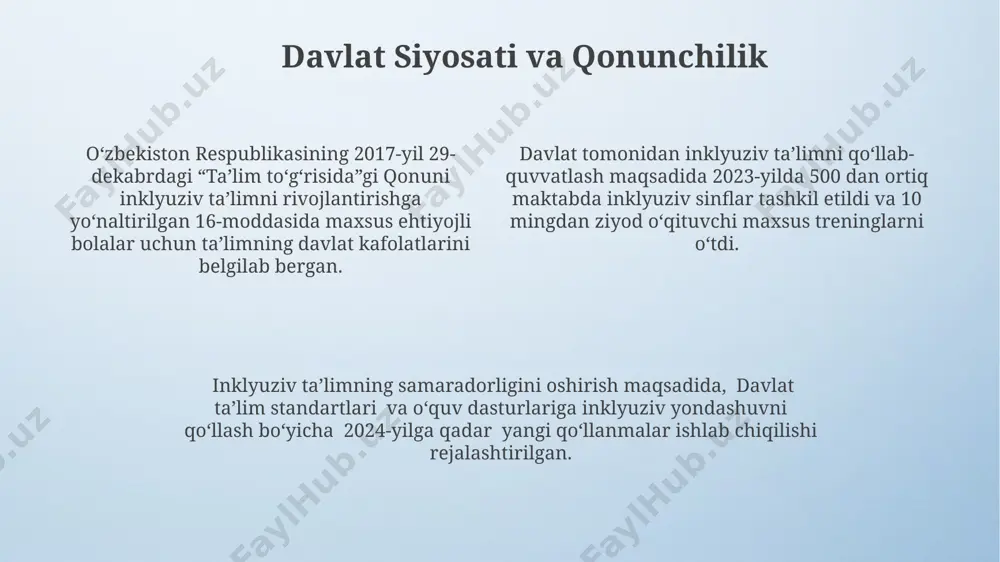 yonining sifati va samaradorligini oshirishga xizmat qiladi. “imkoniyatlarga teng huquq” dasturi ijtimoiy moslashuv va inklyuziya bo'yicha 30 dan ortiq loyihalarni amalga oshirdi, bu esa nogiron shaxslarning jamiyatga integratsiyalashuviga sezilarli hissa qo'shdi. “imkoniyatlarga teng huquq” dasturi 2017-yildan buyon 100 000 dan ortiq nogiron bolalar va yoshlarning ta’limga kirish imkoniyatlarini yaxshilashga qaratilgan va inklyuziv ta’limga o'tishni qo'llab-quvvatlaydi. ta'lim muassasalarining roli ta'lim muassasalari o'quvchilarning 70% dan ortig'i kamida bitta o'quv ehtiyojiga ega bo'lgan inklyuziv sinflarni tashkil etishda muhim rol o'ynaydi, shu bilan birga individual o'quv rejalari (ior)ni ishlab chiqishda muhim hissa qo'shadi. inklyuziv ta'limni amalga oshirishda ta'lim muassasalari o'qituvchilarni professional rivojlantirish kurslariga jalb qilish orqali kamida 20 soatlik maxsus treninglarni tashkil etib, o'qitish strategiyasini o'zgartirishda muhim ahamiyatga ega. ta'lim muassasalari o'quv jarayoniga qo'shimcha resurslar, jumladan, maxsus texnologiyalar va moslashtirilgan o'quv materiallari (kamida 5 turdagi)ni ta'minlash orqali inklyuziv ta'limni qo'llab-quvvatlaydi va samaradorligini oshiradi. muvaffaqiyatli inklyuziv ta'lim misollari samarqand viloyatida inklyuziv ta’lim dasturlarini joriy etish …