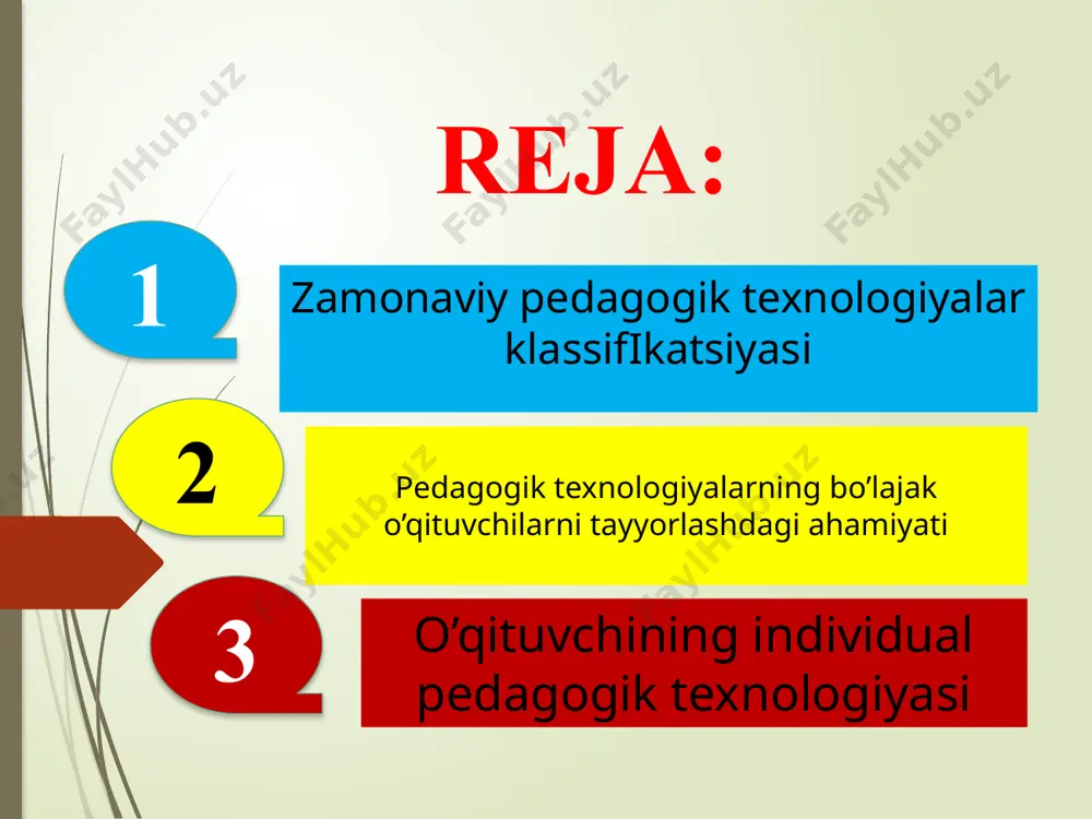 va uning nutqi bir qator sifat va xususiyatlarga ega bo‘lishi kerak. 10 o’qituvchining individual pedagogik texnologiyasi. ta’lim, tarbiya va tadqiqot texnologiyalardan birini chuqur o‘rganish; o‘rgangan texnologiyani malakaviy amaliyot davrida qo‘llab ko‘rish; pedagogik texnologiyalarni biluvchilardan maslahat olish; o‘zi to‘g‘ri deb bilgan o‘qitishga doir yondoshuvni rivojlantirib borish. ta’lim, tarbiya va tadqiqot texnologiyalarini bir-biridan farqlashi ta’lim texnologiyalaridan birini o‘zlashtirishi tarbiya texnologiyalaridan habardor bo‘lishi tadqiqot texnologiyalaridan birini bilishi pedagogik texnologiyalar mazmuni, mohiyatiga ko’ra quyidagicha tasniflanadi 6 1 5 4 2 3 ta’lim oluvchilarning bilish faoliyatini tashkil etish va boshqarilishiga ko‘ra o‘quvchilarning bilish faoliyatini faollashtirish va samaradorligini oshirishga ko’ra shaxs strukturasiga mo’ljallanganligiga ko’ra ta’lim-tarbiya jarayonida o‘quvchi shaxsining tutgan o‘rniga ko’ra mazmuni va tuzilishiga ko’ra hozirgi zamon ta’lim tizimida amal qilayotgan ananaviy ta’limii mazmunan yangilash va ta’lim jarayonini tashkil etishni tubdan o‘zgartirishga ko’ra venn diagrammasi metodi pedagogik metodlar va pedagogik texnologiyalarning o’zaro o’xshashliklarini izohlang pedagogik metodlar pedagogik texnologiyalar o’xshash tomonlari: 1. 2. 3. 4. 5. 6. …