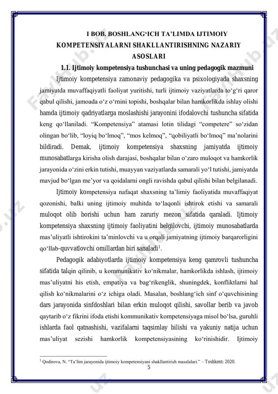 uningdek, empatiya, ya’ni boshqalarni tushunish, ularning his-tuyg‘ulariga hamdard bo‘lish, bag‘rikenglik ko‘rsatish bilan ham bog‘liqdir. o‘quvchilar bir-biriga yordam berganda, masalan, darsda qiynalayotgan do‘stiga ko‘maklashganda, ular empatiya va ijtimoiy qo‘llab-quvvatlash qobiliyatini namoyon etadilar. bundan tashqari, ijtimoiy kompetensiyaning yana bir muhim jihati konfliktlarni hal qilish qobiliyatidir. bu o‘quvchilarning kelishmovchiliklarni tinch yo‘l bilan bartaraf etishi, o‘zaro murosaga kelishi, konstruktiv yechim topa olishini anglatadi. masalan, ikki o‘quvchi o‘rtasida kichik kelishmovchilik yuzaga kelganida, ular muammoni muloqot orqali hal qila olsalar, bu ularning ijtimoiy kompetensiyasi rivojlanganidan dalolat beradi. pedagogik nuqtai nazardan ijtimoiy kompetensiya nafaqat alohida shaxsiy sifat, balki o‘quvchining jamiyatdagi turmush tarziga tayyorlanishida muhim poydevor vazifasini bajaradi. boshlang‘ich ta’lim jarayonida bu kompetensiyalarni shakllantirish orqali o‘quvchilar faqat bilim olish bilan cheklanmay, balki hayotiy muammolarni hal qilish, turli odamlar bilan muomala qilish, jamoada o‘zini tutish madaniyatini egallaydilar. bu jarayon ularning keyingi ta’lim bosqichlarida muvaffaqiyatga erishishi, shaxs sifatida rivojlanishi va ijtimoiy hayotda faol ishtirok etishiga zamin yaratadi. amaliy misollardan foydalaniladigan …