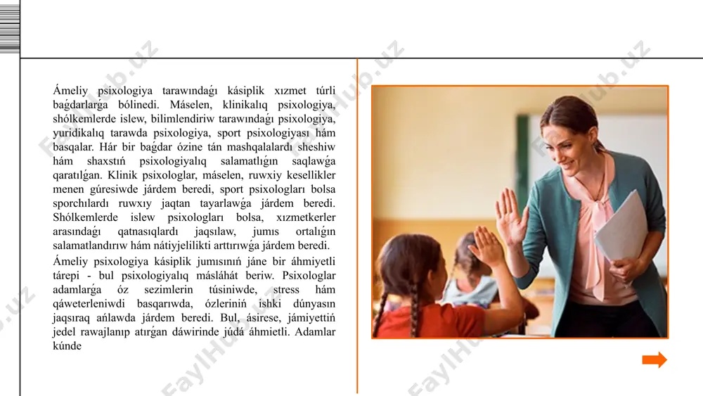 p, emlew procesine járdem beriwi múmkin. sonıń menen birge, ekonomika hám bizneste psixologlar jámáátler hám basshılar menen islesiw arqalı kompaniyalar nátiyjeliligin arttıradı.psixologlar biznes tarawı hám shólkemlerde de kóplegen áhmiyetli funkciyalardı atqaradı. olar insan resursları basqarıwı (hr) tarawında kadrlardı tańlaw, jumıs ortalıǵın tallaw hám xızmetkerler arasındaǵı stressti azaytıwǵa qaratılǵan strategiyalardı islep shıǵadı. bunnan tısqarı, ámeliy psixologiya kásiplik jumısta sociallıq ádillikti támiyinlewge de járdem beredi. psixologlar, óz tájiriybeleri hám bilimleri arqalı, jámiyette sociallıq teńlik hám ádalatlıqtı qollap-quwatlawda qatnasadı. olar, ásirese, diskriminaciyaǵa ushıraǵan toparlar menen islesiwde hám olardı jámietke integraciyalawda áhmietli rol oynaydı. psixologlar sonday-aq, túrli sociallıq baǵdarlamalardı islep shiǵiwda hám ámelge asırıwda qatnasadı, olardıń tiykarǵi maqseti jámiyettegi psixologiyalıq turaqlılıqtı saqlaw bolip esaplanadı. sociallıq máseleler hám toparlar aralıq kelispewshilikler, psixologlar tárepinen ámelge asırılatuǵın makro hám mikro dárejedegi sociallıq jumıslar arqalı sheshiledi.ámeliy psixologiya kásiplik xizmettiń áhmiyetin jáne bir márte kórsetedi: psixologiyalıq járdem tek individual mútájlikler ushin emes, al pútkil jámiyetti rawajlandırıw hám sociallıq turaqlılıqtı …