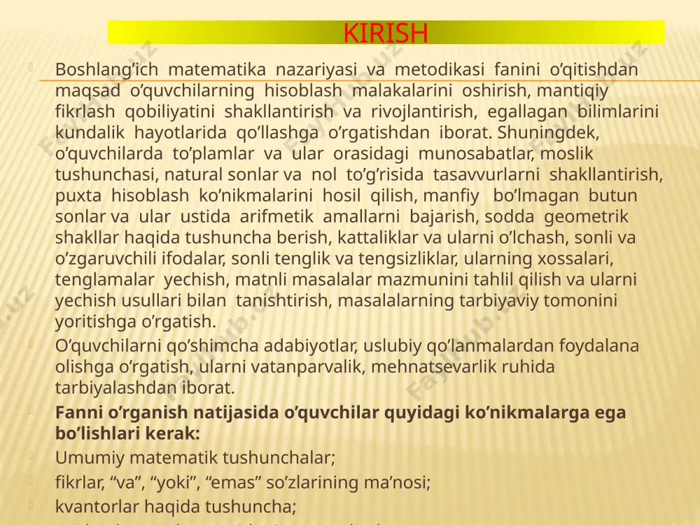 kaysi uringa yozilishini aniklash, u yo bu xona birliklari yukligini qanday belgilashni kursatish, birinchi va ikkinchi xona birliklari, xona soni, xona kushiluvchilarning yigindisi, bir va ikki xonali sonlar kabi tushunchalar va terminlarni o’quvchilar o’zlashtirib olishlariga erishishdan iborat. nomerlashni o’rganishda ikki boskich ajratiladi: 11-20 sonlarni va 21-100 gacha bulgan sonlari nomerlash. 20 gacha bulgan (11-20) ikki xonali sonlarni va 20 dan (21-100) katta bulgan ikki xonali sonlarni nomerlash bir-biriga uxshash, bu sonlarni ogzaki va yozma nomerlash sanokda birliklarni untalab gruppalashga va sonlarni yozishda rakamlarning urin kiymatlari printsipiga asoslanadi. 10 dan katta sonlarni yozma nomerlash sanoqda birliklarni unli gruppalashga va rakamlarning urin kiymatlari printsipini kullashga asoslangan: ungdan chapga karab sanalganda birliklar birinchi uringa, o’nliklar ikkinchi uringa yoziladi. ikki xonali sonlarni yozishning urinli printsipini ochib berish uchun abakdan foydalaniladi, u bir qatori chuplar uchun, ikkinchi qatori kirkma rakamlar uchun ajratilgan ikki qator chuntaklari bo’lgan jadvaldir. yuz ichida sonlarni nomerlashni o’rganish yuz ichida sonlarni …