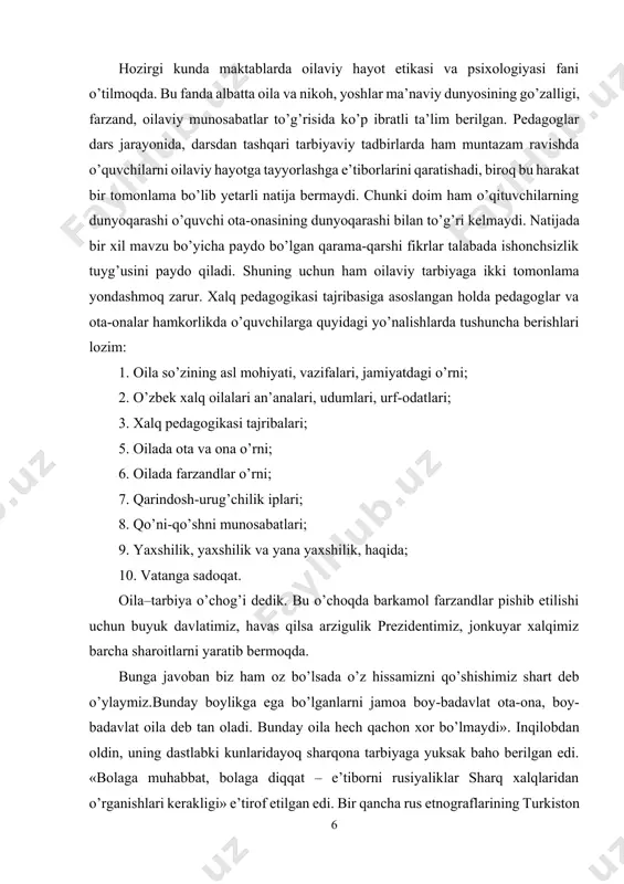 i dedik. bu o’choqda barkamol farzandlar pishib etilishi uchun buyuk davlatimiz, havas qilsa arzigulik prezidentimiz, jonkuyar xalqimiz barcha sharoitlarni yaratib bermoqda. bunga javoban biz ham oz bo’lsada o’z hissamizni qo’shishimiz shart deb o’ylaymiz.bunday boylikga ega bo’lganlarni jamoa boy-badavlat ota-ona, boy-badavlat oila deb tan oladi. bunday oila hech qachon xor bo’lmaydi». inqilobdan oldin, uning dastlabki kunlaridayoq sharqona tarbiyaga yuksak baho berilgan edi. «bolaga muhabbat, bolaga diqqat – e’tiborni rusiyaliklar sharq xalqlaridan o’rganishlari kerakligi» e’tirof etilgan edi. bir qancha rus etnograflarining turkiston xalqlari turmush tarzi, oilaviy munosabatlari, an’analari bilan qiziqishlari tarixdan ma’lum. lekin vaqt o’tishi bilan nimagadir milliy qadriyatlarga bid’at va xurofot deb nom berildi. bizda e’tiborga olinmagan kaykovusning «kobusnomasi», yusuf xos hojibning «qutadg’u bilig», ahmad yugnakiyning «hibbatul haqoyiq»i jahonda tan olindi. navoiy bobomiz, munis xorazmiy, abdulla avloniy, hoji abdullo orif, sa’di sheroziy, mirzo bedil, hamzalar o’z asarlarida o’zbek xalqining o’ziga xos xususiyatlarini ochib berishgan. o’zbeklardagi ota–onaga bo’lgan izzat–hurmat, birodarlarga bo’lgan mehr–shafqat, …