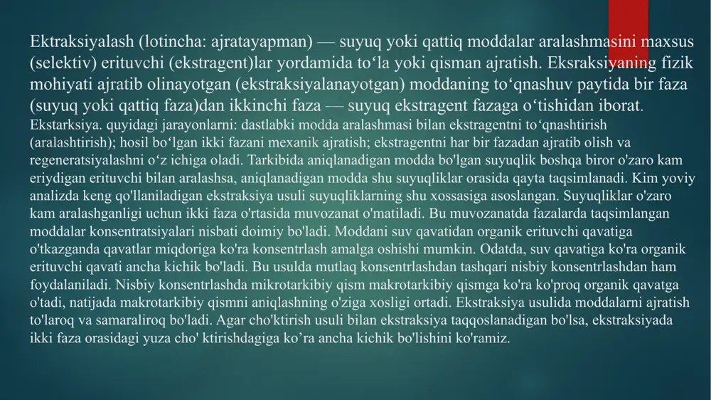 usul yordamida aniqlanadi. 2. estraksion - fotometrik usulda organik fazaga ekstraksiya tufayli o‘tgan modda rangli bo'lsa, u shu rangning intensivligi asosida aniqlanadi. agar ekstrakt rangsizboisa, uni rangli ko‘rinishga o‘tkazish uchun fotometrik reaktiv qo'shiladi. 3. ekstraksion - atom-absorbsion usulda ekstrakt alangaga purkaladi, alangada tekshiriladigan moddaning atomlari hosil bo’lib, aniqlash atomlaming yutishi asosida o‘tkaziladi. 4. ekstraksion - neytron-aktivasion usulda ekstraktda bo’lgan element neytronlar dastasi bilan nurlantirilib, hosil bo‘lgan radioaktiv nurlanishning intensivligi o’lchanadi. 5. ekstraksion - spektral usulda ekstrakt alangaga purkaladi yoki qo‘zg‘atish manbasiga o'rnatilib, undagi elementning spektri o‘rganiladi. 6. ektraksion - polyarografik usulda ekstrakt elektrolitik bo‘g‘inga joylanib, uning tarkibidagi moddaning polyarogrammasi tushiriladi va tushirilgan polyarogramma o‘rganiladi. yuzaning katta bo'lganligi tufayli cho'ktirishda birgalashib cho'kish (adsorbsiya) kuzatiladi. ekstraksiya usulida ham birgalashib cho'kishdagi singari birga ekstraksiyalanish kuzatilishi mumkin. bunda organik fazaga ekstraksiya tufayli o'tayotgan modda bilan shu fazada erimaydigan modda birga bo'lganida o'tishi mumkin. biroq ekstraksion sistemalar to'g'ri tanlansa, bunday hodisalar kam uchraydi. ekstraksiya usuli …