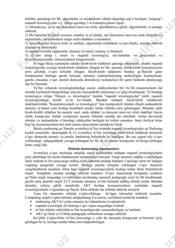hasiga jalb etish ishlari yetarli bo’lmagan, faqat hisob-kitoblarga qiziqishi bo’lgan talabalar akt sohada ta’lim olib borishgan. (wynne, 1980). boshqa omillardan biri bo’lib akt ta’lim fan sifatida tarmoqda va akademiklar orasida qo’llanmasligi bo’ldi, masalan matematika, geografiya fanlari kabi. qo’plab ta’lim sohalari amaliyotchi mutaxassislar va olimlar tomonidan qo’llanib kelingan, ular o’qituvchilarning kasbiy rivojlanishiga qo’maklashib, oliy o’quv yurtlari orqali o’quv dasturlari rivojlanib maktab ta’limiga joriy qilingan. maktabda kompyuter ta’limini joriy qilishga at-olimlar va mutaxassislar faol qarshi bo’lganlari haqida bir necha misollar keltirish mumkin. garchi akt sohasiga ko’maklashish yo’qligining sababini bilish kiyinligiga qaramasdan (tedre, 2011) bir necha gumanitar fanlarda kompyuter ishlanmalari raqamli ijod qilish, multimediya va biznesga yo’naltirilgan ishlarida tadqiqodlar olib borildi(shakelford i dr iskusstvennogo intellekta,2006) har qanday maktabda ta’lim sohasini qo’llab quvvatlash muamosiga duch keladi, ba’zida olimlar va mutaxassislar tomonidan tanqidiy fikrlar va nuqtai nazarlar vujudga keladi, shuningdek fanning qamrab olish doirasi va chuqur emasligiga sha’ma qiladi. bir necha olimlar va mutaxassislarning fikriga …