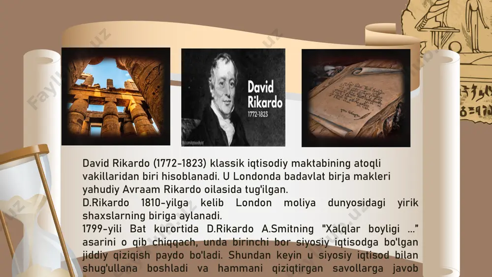 ti eng yomon uchastkada ishlatiladigan mehnat sarflari bilan aniqlanadi. renta nazariyasi. 7 ish haqi nazariyasi d.rikardoning ish haqi nazariyasi “mehnatning tabiiy bahosi” va “mehnatning bozor bahosi” qoidalariga asoslanadi. “mehnatning tabiiy bahosi” bu ishchining yashashi va o‘z naslini davom yettirishi uchun zarur bo‘lgan baho hisoblanadi. u olinadigan pul miqdoriga emas, balki unga sotib olinishi mumkin bo‘lgan zaruriy vositalar miqdoriga bog‘liq. “mehnatning bozor bahosi” mehnatga bo‘lgan talab va taklifning real nisbati asosida shakllanadigan haq sifatida tavsiflanadi. d.rikardo fikricha, ish haqi dinamikasi ishlovchi aholining soniga bog‘liq, negaki ishlovchi aholining soni ishchi kuchi taklifiga ta’sir ko‘rsatadi. ishlovchi aholining tabiiy o‘sishiga bog‘liq holda mehnatga bo‘lgan talab va taklif shakllanadi, demak ish haqi ham tebranib turadi. aholining o‘sish sur’atidan kelib chiqqan holda, ish haqi pasayish moyilligiga ega deb hisoblaydi, uningcha, ish haqi talab va taklif bilan tartiblanib turiladi, ishchilarning soni esa doimo ko‘payib boradi, ularga bo‘lgan talab esa sekin oshadi. d.rikardo ish haqining oshishi tovarlar bahosining …