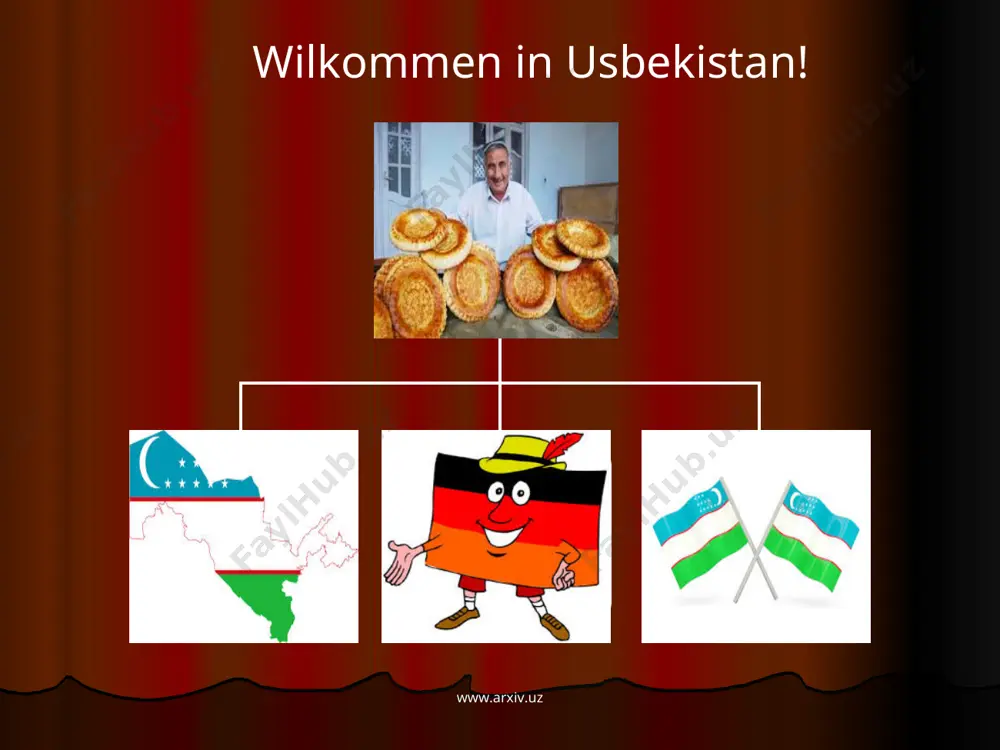 e art von teiggerichten, sogenannte ,,chanum’’, hat die gleiche zutaten wie manti,aber unterscheidet sich in form, manti sind die kleine teigtaschen, chanum ist eine große rolle, die mit fleisch-oder gemüsestücken gefüllt ist. es bewundert, dass manti und chanum sehr unterschiedlich schmecken,obwohl beide haben fast den gleichen jnhalt und gleichen zubereitungsprozess. www.arxiv.uz www.arxiv.uz lagman ,eine köstliche, dicke und würzige suppe, enthält grundsätzlich etwas dickere spaghettis, und klein gewürfelten fleisch- und gemüsestücken oben darauf. suppen haben einen wichtigen platz in der usbekischen küche. die usbekische suppe sind ziemlich dick und reich an verschiedene gemüse und gewürzen. die sehr beliebteste von usbekischen suppen ist schurpa. www.arxiv.uz www.arxiv.uz mastava-eine reissuppe mit vielen kleingeschnittenen fleisch,zwiebeln,möhren, tomaten, kartoffeln. die tscholop ist eine kalte suppe mit sehr fein geschnittenen gurken, rettich und frischen kräutern. man wünscht sie besonders an den heissen sommertagen. www.arxiv.uz www.arxiv.uz kasan-kebab- geschmortes fleisch mit gemüse. jarkop- gebratenes fleisch mit kartoffeln. dimlama- geschichtete geschmorte …