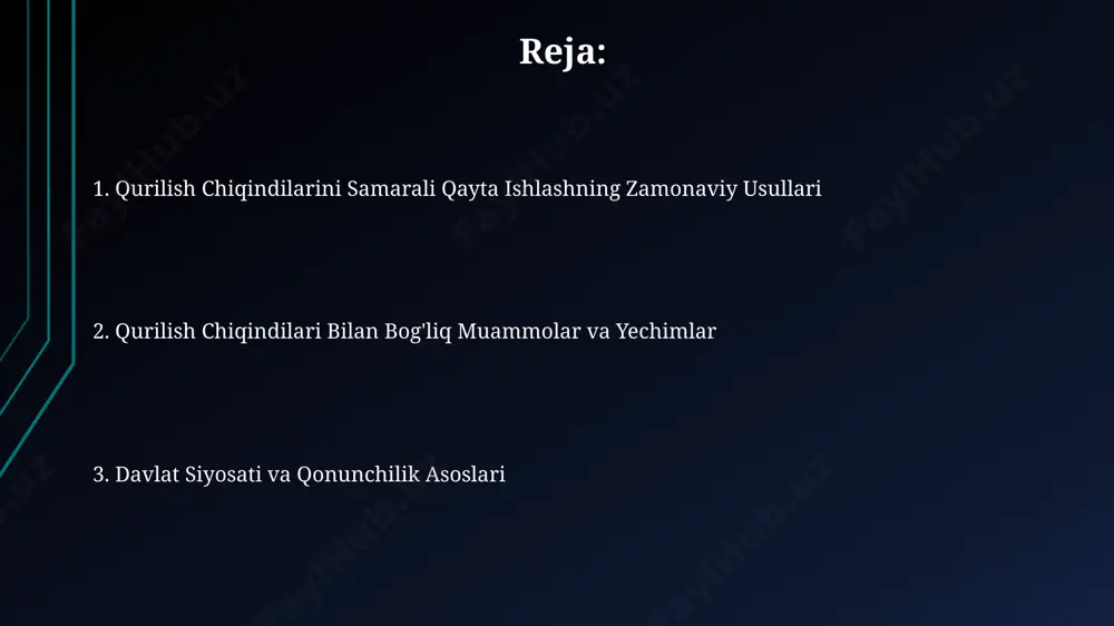 tish natijasida farg'ona vodiysida qurilish chiqindilarini qayta ishlash xarajatlari 20% ga kamaydi, bu esa 10 million so'mdan ortiq iqtisodiy samaradorlikka olib keldi. chiqindilarni ajratish va saralash samarqand shahriga yaqin hududlarda joylashgan chiqindi qayta ishlash zavodi yiliga 10000 tonnadan ortiq qurilish chiqindilarini qayta ishlash va 70% dan ortig'ini qayta foydalanishga yaroqli materiallarga aylantirish imkoniyatiga ega. toshkent shahridagi qurilish maydonchalarida chiqindi ajratish jarayonini 30% ga yaxshilash uchun 5 ta asosiy turdagi konteynerlar (beton, metall, yog'och, plastik va aralash) qo'llanilishi tavsiya etiladi. qayta ishlash texnologiyalari qayta ishlash zavodlari yiliga 50 000 tonnagacha qurilish chiqindilarini qayta ishlashga qodir boʻlib, toshkent shahrida joylashgan zamonaviy uskunalar bilan jihozlangan. betonni maydalash texnologiyasi yordamida olingan maydalangan materiallarni 20-30% gacha yangi beton aralashmalariga qoʻshish mumkin, bu esa materiallarni tejashga va ekologik zararni kamaytirishga yordam beradi. kelajakdagi istiqbollar tokio shahrida 2025 yildan boshlab barcha yangi qurilish loyihalarida qurilish chiqindilarini qayta ishlash bo'yicha qat'iy me'yorlar joriy etilib, kamida 90% chiqindi qayta …