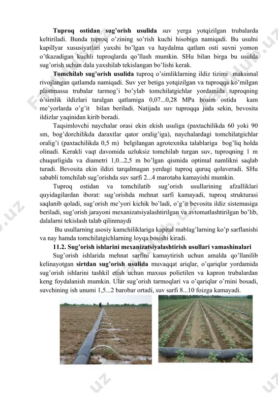 umli sug’orish agregatlaridan (14.3-rasm) foydalaniladi, natijada sug’orish arig’iga ehtiyoj qolmaydi. bu agregatlar yordamida bir kecha-kunduzda 5-6 gektar maydoni sug’orish mumkin. suv keltiruvchi trubalar qo’lda yotqiziladi, sug’orishdan keyin esa trubalar agregat yordamida yig’ishtirib olinadi. yomg’irlatib sug’orish ishlari asosanzanjirli traktorlarga o’rnatilgan, harakatlanib ishlaydigan dda-100ma agregati (2.21-rasm) va ko’chma-bir joyda turib ishlaydigan ddn-70 va ddn-100 rusumli nasosli yomg’irlatish mashinalari yordamida amalga oshiriladi. dda-100m sug’orish agregatining ishlatilishini ta’minlash uchun birinchi sug’orishdan oldin muvaqqat sug’orish ariqlari olinadi va ularning o’ng tomoni bo’ylab agregatlar yurishi uchun yo’l ochiladi. muvaqqat ariqlar dalaning nishabi eng kichik bulgan joyidan o’zaro parallel va bir-biridan 120 m masofada, eng chekkadagi ariq esa dala chetidan 55 m narida va unga parallel olinadi. 11.4-rasm. yomg’irlatib sug’orish agregatlari: a-dda-100m; b-ddn-70; v-ddn-100. yomg’irlatib sug’orishda dalaning tekisligi, egatlardan sug’orish bo’lgani kabi unchalik ta’sir ko’rsatmaydi. ammo ariq olish uchun ajratilgan yo’laklar va uning yoqasidagi yo’llarni tekislash, shuningdek sug’orish tarmog’iga suv taqsimlovchi inshootlar qurish shart. ddn-70 va ddn-100 …