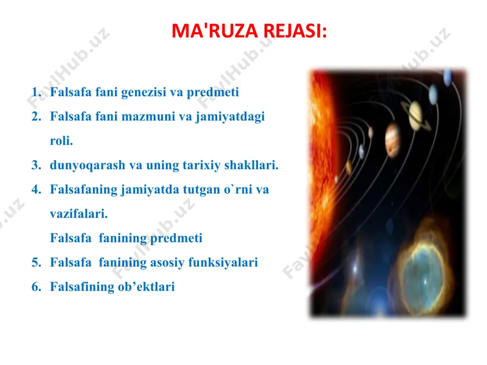 ka sotsiologiya logika psixologiya praksiologiya aksiologiya metodologiya faylasuflar sokrat parmenid demokrit aflotun arastu diogen pifagor fales mark avreliy evklid, galen ibn rushd abu nasr farobiy abu ali ibn sino abul homid g‘azzoliy abu rayhon beruniy al - ash’ariy moturidiy xakim at-termiziy konfusiy lao-szi al-kindiy umar hayyom benidikt spinoza nisshe foma akvinskiy immanuil kant ogyust kont shiller dante aligere viktor gyugo feyerbax zigmund freyd ibrohim mo‘minov erkin yusupov mustaqil ishlash uchun savol va topshiriqlar: qanday muammolar falsafiy muammolar deb ataladi.? mifologik dunyoqarashning o‘ziga xos jihatlarini ayting. falsafiy dunyoqarashning mifologik va diniy dunyoqarashdan asosiy farqi nimada? falsafa nimani o‘rgatadi? falsafa va fanning o‘zaro nisbati qanday? dunyoqarashning asosiy tarixiy shakllarini ta’riflang. hozirgi kunda falsafa qanday vazifalarni hal qilmoqda? referat mavzulari: 1. dunyoqarash va uning shakllari. 2. falsafaning predmeti va uning jamiyatdagi roli. 3. falsafa tarkibiy qismlarining o‘zaro aloqadorligi. 4. falsafaning asosiy funksiyalari. 5. insoniyatning muhim muammolarini hal qilishda falsafaning roli. bilim va ko‘nikmalarni …