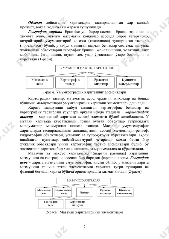 хариталарда тасвирланадиган ҳар қандай предмет, воқеа, ҳодиса ёки жараён тушунилади. географик харита -ерни ёки уни бирор қисмини ернинг эгрилигини ҳисобга олиб, маълум математик қоидалар асосида бироз ўзгартириб, кичрайтириб. умумлаштириб қоғозга (текисликка) туширилган тасвири (проекцияси) бўлиб, у қабул қилинган шартли белгилар системасида унда жойлашган объектларни географик ўрнини, жойланишини, ҳолатини, вақт мобайнида ўзгаришини, шунингдек улар ўртасидаги ўзаро боғлиқликни кўрсатади (1-расм). 1-расм. умумгеографик хаританинг элементлари картографик тасвир, математик асос, ёрдамчи жиҳозлар ва бошқа қўшимча маълумотларга умумгеографик харитани элементлари дейилади. харита мазмунини қабул қилинган картографик белгилар ва картографик тасвирлаш усуллари орқали ифода этадиган картографик тасвир ҳар қандай харитани асосий элементи бўлиб ҳисобланади. у муайян харитада кўрсатилиши лозим бўлган объектлар тўғрисидаги маълумотлар мажмуидан ташкил топади. масалан, умумгеографик хариталарда тасвирланадиган ландшафтнинг асосий элементлари-рельеф, гидрография объектлари, ўсимлик ва тупроқ-грунт кўрсаткичлари. аҳоли яшайдиган пунктлар, сиёсий-маъмурий чегаралар ҳамда баъзи бир хўжалик объектлари унинг картографик тасвир элементлари бўлиб, бу элементлар харитада бир хил аниқликда ва мукаммалликда кўрсатилади. мавзули ва махсус …