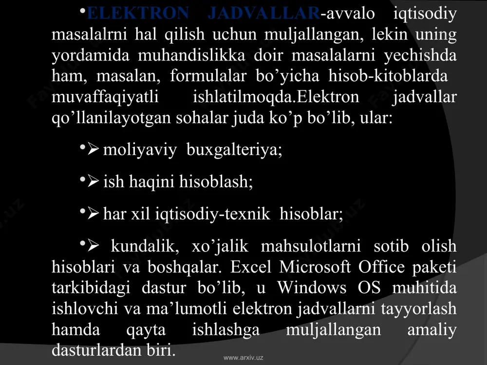 04. 4. t.x.xolmatov amaliy matematika, dasturlash va kompyuterning dasturiy ta’minoti, t.: 2000. 5. n.v.makarova. informatika. darslik.t.:2005. www.arxiv.uz www.arxiv.uz