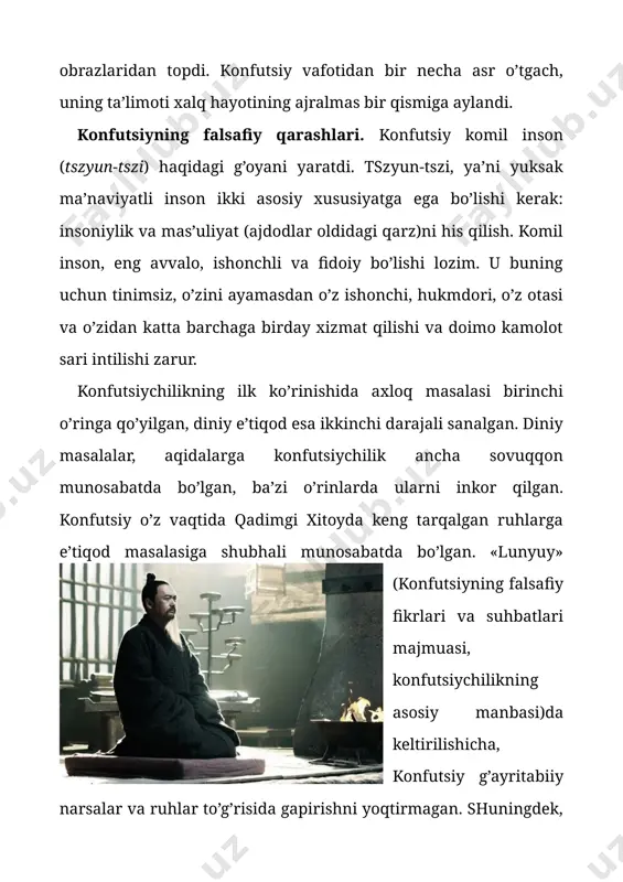 n oila naslini davom ettirishlari kerak. konfutsiychilikning xitoyda tarqalishi. konfutsiy fikricha, dunyodan befarzand o’tish va o’zidan nasl qoldirmaslik nafaqat shu insonning yoki shu xonadonning, balki butun jamiyatning fojiasidir. konfutsiychilikning yoyilishi sekin kechdi. konfutsiyning o’zi esa zamondoshlari tomonidan tan olinmay vafot etdi. uning shogirdlariga ham oson bo’lmadi. garchi konfutsiychilar o’z ta’limotlarini qadimgi chjou aqidalariga bog’liq urf-odatlar, marosimlar, axloqiy me’yorlar asosiga qurgan bo’lsalar-da, ular mazkur aqidalar orasida o’z munosabatlari, qolaversa, har bir masala yuzasidan o’z xulosalarini ham berib bayon qilar edilar. mana shu narsa konfutsiychilikning muvaffaqiyatga erishishiga sabab bo’ldi. bundan tashqari uning muvaffaqiyatiga sabab bo’lgan omillardan yana biri konfutsiychilarning o’zlari foydalangan qadimgi kitoblar, she’rlar, risolalarni yig’ib o’quvchilariga o’rgatganliklaridir. bu ishning asosiy qismi konfutsiyning o’zi tomonidan bajarilgan edi. u turli podshohliklarda mavjud bo’lgan uch mingdan ortiq qadimiy qo’shiqlar, yozuvlarni jamlab, ularni qayta tahrir qilgan edi. konfutsiy va uning shogirdlari tomonidan tahrir qilingan asarlar keyinchalik konfutsiychilikning asosiy manbalariga aylandi. mil. av. iv – iii …