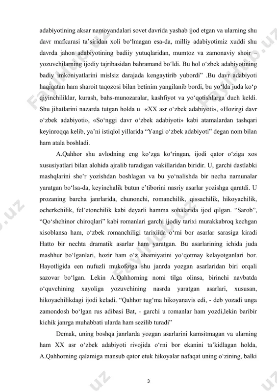 or”, “bemor”, “o‘g‘ri”, “tomoshabog‘” kabi qator hikoyalarini nazarda tushadi. kurs ishining maqsad va vazifalari: abdulla qahhor romanlarida ijtimoiy muhit ta’siri haqidagi ma’lumotlarni umumlashtirish va qisqacha tavsiflash. “sarob” romani xx asr oʻzbek adabiyoti tarixiy taraqqiyotida gʻoyat noyob badiiy asar. “sarob”romani va zanjirband etilgan ichki intilishlar muammosi kurs ishi ob’yekti va predmeti abdulla qahhor asarlarida mavzu rang-barangligi va ularda ijtimoiy muhitning aks etishi. “sarob” romani paydo bo‘lishi va unga ijtimoiy muhitning tasiri.romandagi qahramonlar va dоʻstlik, mehr, ishonch tuygʻulari. kurs ishning tadqiqot uslubi va uslubiyoti: ilmiy ommabop manbalardan tоʻplangan ma’lumotlar tahlil qilib,xulosa va takliflar qilish. kurs ishi tuzilishi: bajarilgan kurs ishi kirish qismi, ikkita bob va qilingan xulosalardan iborat. ishda оʻrganilishi e’tiborga olingan ma’lumotlar tushunarli ravishda ifodalash uchun chizma jadvallar va rasmlar berildi.ishga qоʻyilgan maqsadga erishishi uchun tоʻplangan adabiyotlar manbalarning nomlari va elektron manzillari keltirildi. i bob. abdulla qahhor ijodining xx asr o‘zbek adabiyotida tutgan o‘rni 1.1. abdulla qahhor – hozirgi оʻzbek adabiyotida …