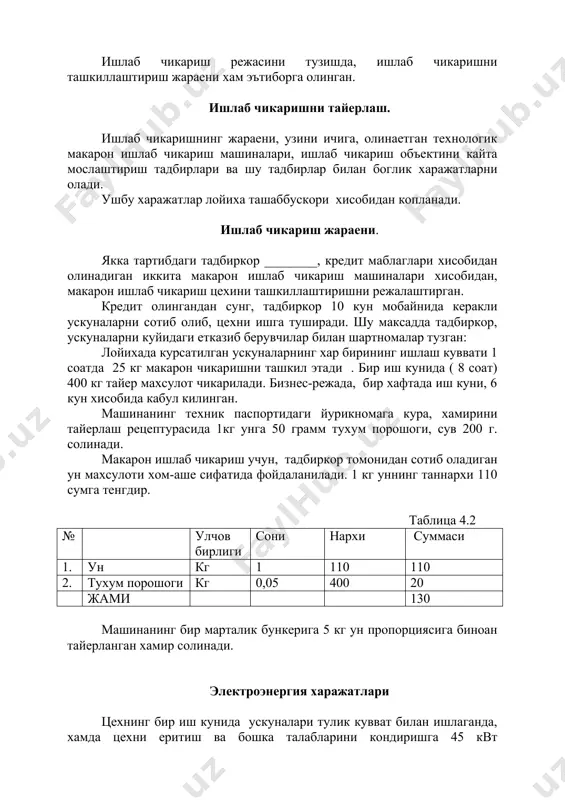 ун пропорциясига биноан тайерланган хамир солинади. электроэнергия харажатлари цехнинг бир иш кунида ускуналари тулик кувват билан ишлаганда, хамда цехни еритиш ва бошка талабларини кондиришга 45 квт электроэнергия сарф килади. тадбиркор, 1 квт.га 5,5 сум хисобидан тулайди. электроэнергияга бир иш кунида килинадиган харажатлар 247,5 сумни ташкил этади. транспорт харажатлари хом-аше ва материалларни ишлаб чикариш цехига олиб келишга, тайер махсулотни харидорларга етказиб беришга транспорт ижарага олинади. транспорт харажатлари махсулот таннархининг 1 % микдорида кабул килинган. уртача бир ой давомида 12480 сумга тенгдир. 4.1 таблицада 1 кг тайер махсулот ишлаб чикариш харажатлари курсатилган. 1 кг макарон ишлаб чикариш калькуляцияси таблица 4.5 № харажатлар номи умумий микдори (сум) 1. хом-аше ва материаллар 130 5. электроэнергия харажатлари 0,62 6. транспорт харажатлари 1,3 жами 131,92=132 1 ой муддат ичида 9600 кг макарон махсулотлари ишлаб чикарилади.. 1ой ичида режага кура, ишлаб чикариладиган махсулотларнинг таннархи 1267200 сумни ташкил этади. v.солиглар, туловлар ва чегирмалар. узбекистон республикаси “солиг кодекси”га кура, …