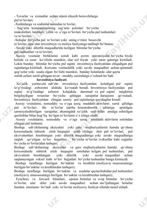 rishida biroz xavf bo‘lishi lozim. shu sababli investitsiya qisqa muddatda to‘lanadigan bo‘lsa, ya’ni xarid qilingan paytdan boshlab taxminan uch oy ichida to‘lanadigan bo‘lsa, uni pul ekvivalenti deb hisoblash mumkin bo‘ladi.bank zayomlari moliyaviy faoliyatga taalluqlidir, lekin talab qilingan paytda to‘lanadigan bank overdraftlari korxonalar pul mablag’ini boshqarishning ajralmas qismi hisoblanadi. shu munosabat bilan bank overdraftlari pul mablag’ining tarkibiy qismi yoki ularning ekvivalenti hisoblanadi. pul oqimi pul mablag’lari va pul ekvivalentlari moddalari o‘rtasidagi harakatni o‘z ichiga olmaydi, chunki ular operatsiya, moliya yoki investitsiya faoliyatiga kirmaydi yoki xo‘jalik yurituvchi sub’ektning pul mablag’larini boshqarishga taalluqlidir. pul mablag’larini boshqarish pul mablag’lari va pul ekvivalentlarining ortiqchasini ishga solishni o‘z ichiga oladi. pul oqimlari to‘g’risidagi hisobotni taqdim etish pul oqimlari to‘g’risidagi hisobot xisobot davri davomida operatsiya, investitsiya yoki moliyaviy faoliyat natijasida xo‘jalik yurituvchi sub’yekt olgan pul oqimlari to‘g’risidagi ma’lumotlarni taqdim etishi lozim bo‘ladi. operatsiya faoliyati xo‘jalik yurituvchi sub’ektning operatsiya faoliyati natijasida vujudga keladitan pul oqimi hajmi xo‘jalik yurituvchi …