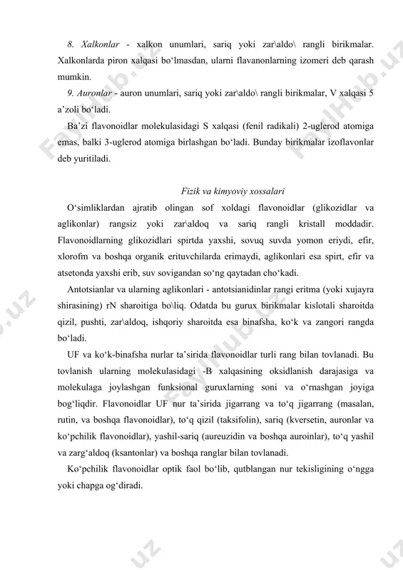 gidrolizlanadi. o-glikozidlari s-glikozidlariga qaraganda ancha oson gidrolizlanadi. s-glikozidlarni ancha qattiq sharoitda xam gidrolizlash qiyin. sifat va miqdor analizi flavonoidlarga quyidagi sifat reaksiyalar qilinadi: 1. sianidin reaksiyasi (sinod reaksiyasi). flavonoidlarning spirtdagi eritmasidan yoki o‘simlikdan tayyorlangan flavonoid ajratmasidan chinni idishchaga 2-3 ml solib, magniy kukuni va konsentrlangan xlorid kislotadan 5-6 tomchi qo‘shib, suv xammomchasida 1-2 minut qizdirilsa, qizil rang xosil bo‘ladi. bu reaksiya flavonlar, flavonollar, flavononlar va flavononlar va flavononollarga xosdir. ushbu reaksiya yuqorida ko‘rsatilgan birikmalarning vodorod bilan qaytarilishi natijasida antotsianidinlar xosil bo‘lishiga asoslangan. chinni idishchada kislotali sharoit bo‘lgani uchun xosil bo‘lgan antitsianidinlar tezda qizil rangga o‘tadi. reaksiya boshlangandan 10 minut keyin xosil bo‘lgan rang 2 soat davomida saqlanib holadi. flavonoiollar reaksiya natijasida qizil-binafsha, flavonollar - qizil, flavonlar esa sar\ish rang hosil qiladi. bu reaksiya halkon va auronlarga qilinmaydi. chunki ular eritmasiga xlorid kislota qo‘shilishi bilan (magniy kukuni bo‘lmasa ham) oksoniy tuzlar hosil bo‘lishi xisobiga eritma \izil rangga o‘tadi. flavonoidlar glikozidlar holida …