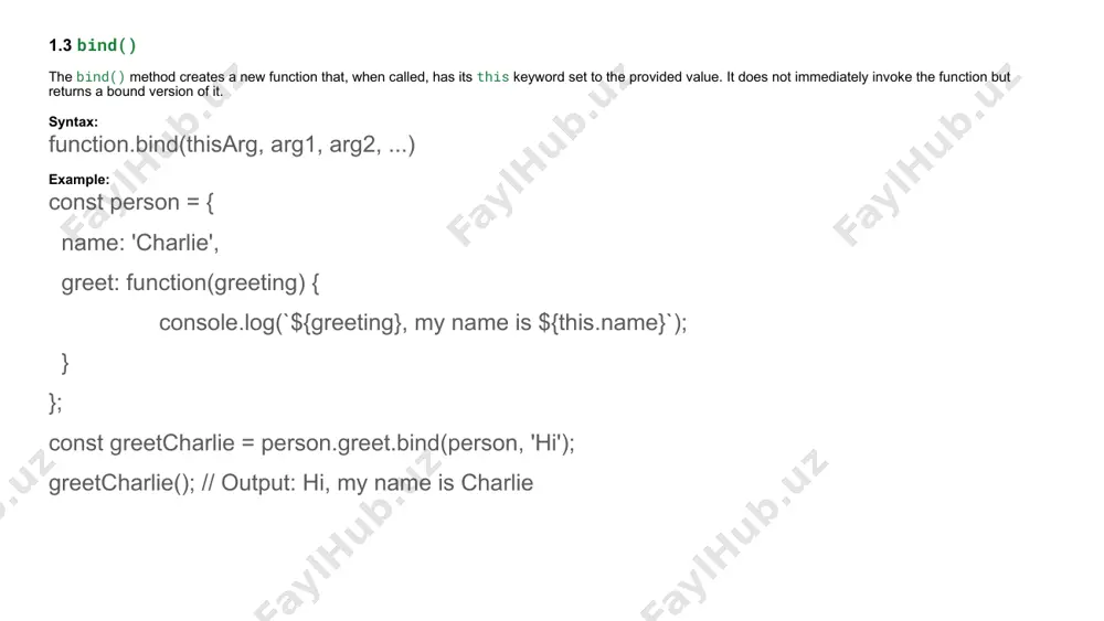 ; // output: hello, guest greet('alice'); // output: hello, alice 3. callback hell callback hell refers to a situation where multiple nested callbacks make the code difficult to read and maintain. this often happens when dealing with asynchronous operations like reading files, making api calls, or handling events. 3.1 example of callback hell: // simulating multiple asynchronous operations with callbacks function step1(callback) { settimeout(() => { console.log('step 1 complete'); callback(); }, 1000); } function step2(callback) { settimeout(() => { console.log('step 2 complete'); callback(); }, 1000); } function step3(callback) { settimeout(() => { console.log('step 3 complete'); callback(); }, 1000); } // nested callbacks leading to "callback hell" step1(() => { step2(() => { step3(() => { console.log('all steps complete'); }); }); }); 3.2 how to avoid callback hell: to avoid callback hell, you can use promises or async/await to flatten the code structure and make it more readable. using promises: function …