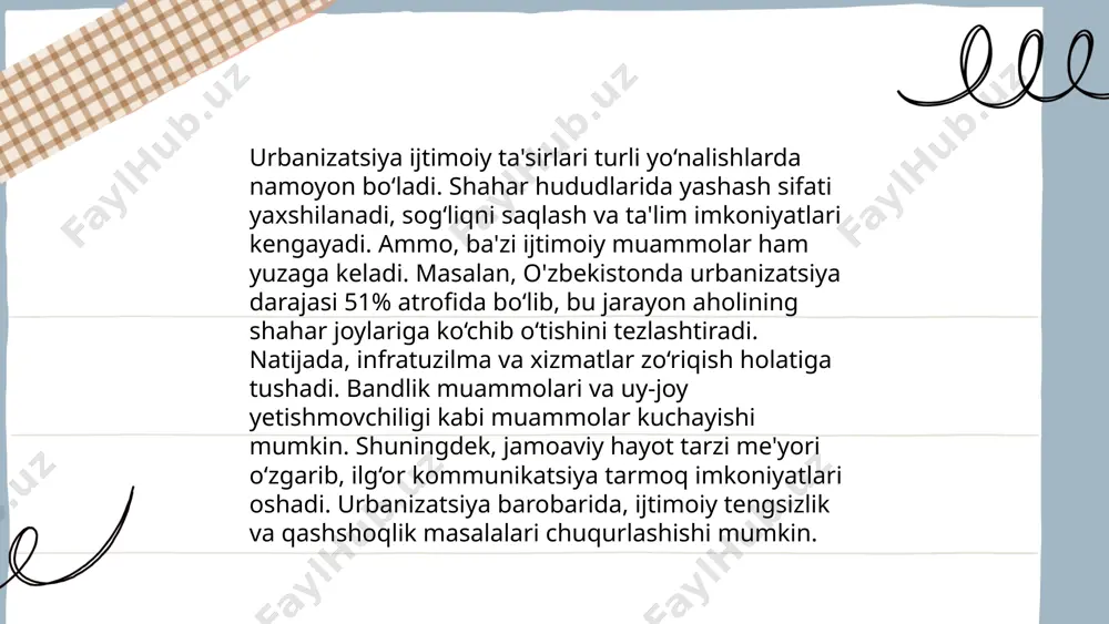 ing hisob-kitoblariga ko'ra, urbanizatsiya darajasi global miqyosda har yili taxminan 1.5% ga o'smoqda, bu esa yangidan-yangi infratuzilma va xizmatlarga ehtiyojni oshiradi. ... t.me/slaydai_bot urbanizatsiya darajasi o'sishi bilan qishloq xo'jaligiga ta'sir qiluvchi omillar ortib bormoqda. 2021 yilda o'zbekistonda shaharlashuv darajasi 50% ga yaqinlashdi. urbanizatsiya jarayoni qishloq xo'jaligida ishlov beriladigan yerlarning qisqarishiga olib kelishi mumkin. bmt ma'lumotlariga ko'ra, 2050 yilga kelib dunyo aholisi 68% shaharlarda yashashi kutilmoqda, bu qishloq resurslaridan yanada samarali foydalanishni talab qiladi. o'zbekistonda qishloq xo'jaligi yalpi ichki mahsulotning taxminan 25% ni tashkil qiladi. aholining 27% qishloq xo'jaligi sohasida band bo'lib, urbanizatsiya bu sektorni modernizatsiyalash lozimligini ko'rsatadi. ... t.me/slaydai_bot shaharlarda yoshlar uchun ish topish muammolari dolzarb masaladir. ko'plab shaharlarda ishsizlik darajasi o'sib bormoqda, yoshlar o'rtasida esa bu ko'rsatkich 20% dan yuqori bo'lishi mumkin. ta'lim darajasi yuqori bo'lsa-da, amaliy ko'nikmalar yetishmovchiligi sababli yoshlar ish topshirishda qiynalmoqda. ko'pgina korxonalar ishga kirish uchun tajriba talab qiladi, bu esa yangi bitiruvchilar uchun muammoli bo'lishi …