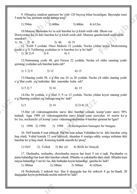 kuchlari 3 korpusdan iborat, har bir korpus 3 armiyadan tashkil qilingan, har bir armiyada 3 diviziya bor, har bir diviziyada 3 brigada, har bir brigadada - 3ta polk, har bir polkda 3ta rota, har bir rotada 3ta vzvod, har bir vzvodda 3 ta bo`linma. bo`linmalar soni: 1) juft 2) toq 3 )bilib bo`lmaydi 4) hamma javoblar to`g’ri 8.do`kon mudiri dehqondan tarvuz sotib oldi. kilosi k so`mdan, hammasi bo`lib a so`m to`ladi. b kg tarvuz chirib ketdi, s kg tarvuz yorildi. qolgan tarvuzlarni kilosini d so`m foydasi bilan sotdi. do`kon mudirining foydasi qancha? 1) (a-b-s)d-ka 2) d-a(a/k-b-c) 3) (ka-b-c)-d 4) d(a/k-b-c) 9. olimpiya stadioni perimetr bo`ylab 120 bayroq bilan bezatilgan. bayroqlar orasi 5 metr bo`lsa, perimetr necha metrga teng? 1) 594m 2) 600m 3) 606m 4) 612m 10.mansur ilhomdan ko`ra uch barobar ko`p kitob sotib oldi. ilhom esa doniyordan ko`ra ikki barobar ko`p kitob sotib oldi. mansur qancha kitob sotib olishi …