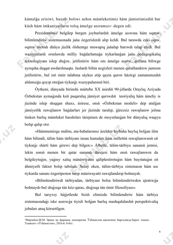 ótiwdiń usılların úyreniw. k.mámbetov, f.i.d. prof. á. paxratdinovtıń, k. allambergenovtıń ilimiy miynetlerinen keńnen paydalandıq. i̇limiy teoriyalıq hám ámeliy áhmiyeti. jumısımızda qaraqalpaq ádebiyatın ulıwma bilim beretuǵın mekteplerde oqıtıwdıń máselelerine qaratılǵan bolǵanlıqtan ilimiy-teoriyalıq hám ámeliy jaqtan dálilledik. i̇limiy jaqtan sabaq ótiwde eń aldınǵı pedagogikalıq texnologiyada sabaq ótiwdiń teoriyalıq printsiplerine tiykarlanıp onı ámeliy jaqtan kórsetip berdim. máselen: interaktiv usılda, klaster, slayd, aqıl hújimi, sxema h.t.b. usıllardı kórsetkenbiz. jumıstıń qurılısı: eki baptan, juwmaq hám paydalanılǵan ádebiyatlardan turadı. i bap. uliwma bi̇li̇m beretuǵin mekteplerdi̇ń 8-klasslarinda alisher nawayí ómi̇ri̇ hám dóreti̇wshi̇li̇gi̇n oqitiwdiń usillari oqıwshılardıń psixologiyalıq ózgesheligine say keletuǵın tayar, burın islenip turǵan kórsetpeli qurallar bolıwı shárt. olarsız qaraqalpaq ádebiyatı boyınsha hár qanday sabaqtı oqıtıw qaraqalpaq ádebiyatınıń muǵallimi ushın qıyın turadı. sabaq kórsetpeli quralǵa mútáj degende muǵallim ushın kórsetpeli qural. oqıwshılardı jańa waqıyalar yamasa qubılıslar menen tanıstırıw ushın qaraqalpaq ádebiyatındaǵı kórkem obrazlardı olar durıs, isenimli qabıl etiw uqıplılıǵın jetistiriw ushın da qollanıladı. kórkem shıǵarmadaǵı bas qaharmanlardıń portretleri …