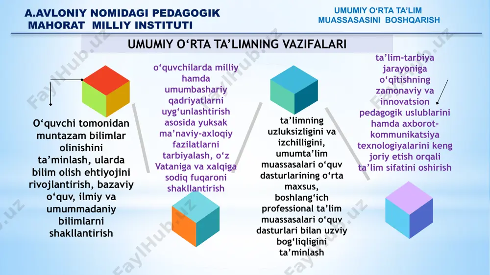 ahkamasining qarorlariga, ushbu nizomga, boshqa normativ-huquqiy hujjatlarga, shuningdek umumta’lim muassasasining ustaviga amal qiladi a.avloniy nomidagi pedagogik mahorat milliy instituti umumiy o‘rta ta’lim muassasasini boshqarish pedagogik kengashning maqsadi umumta’lim muassasasida davlatning ta’lim siyosatini amalga oshirish umumta’lim muassasasining maqsadi va vazifalaridan kelib chiqqan holda ta’lim-tarbiya jarayonini rivojlantirish takomillashtirishda pedagogik jamoaning faoliyat yo‘nalishini belgilash ta’limdagi yutuqlarni va ilg‘or pedagogik tajribalarni amaliyotga joriy etishda pedagogik jamoani birlashtirish demokratiya, oshkoralik, o‘zini o‘zi boshqarish tamoyillari asosida umumta’lim muassasasi boshqaruvini amalga oshirish a.avloniy nomidagi pedagogik mahorat milliy instituti umumiy o‘rta ta’lim muassasasini boshqarish uzluksiz metodik xizmat koʻrsatish tizimidagi kengash va birlashmalarning faoliyati tegishli nizom asosida tashkil qilinadi. umumiy oʻrta taʼlim maktablari oʻqituvchilariga uzluksiz metodik xizmat koʻrsatish tartibi umumiy oʻrta taʼlim maktablarining fan metodbirlashmalari; umumiy oʻrta taʼlim maktablarining pedagogik kengashi; tuman (shahar)larda “mentorlar guruhi” (jamoatchilik asosida); pedagoglarni yangi metodikalarga oʻrgatish milliy markazlaridagi metodik xizmat ko‘rsatish bo‘limlari; qoraqalpogʻiston respublikasi maktabgacha va maktab taʼlimi vazirligi, toshkent shahar va viloyatlar maktabgacha …