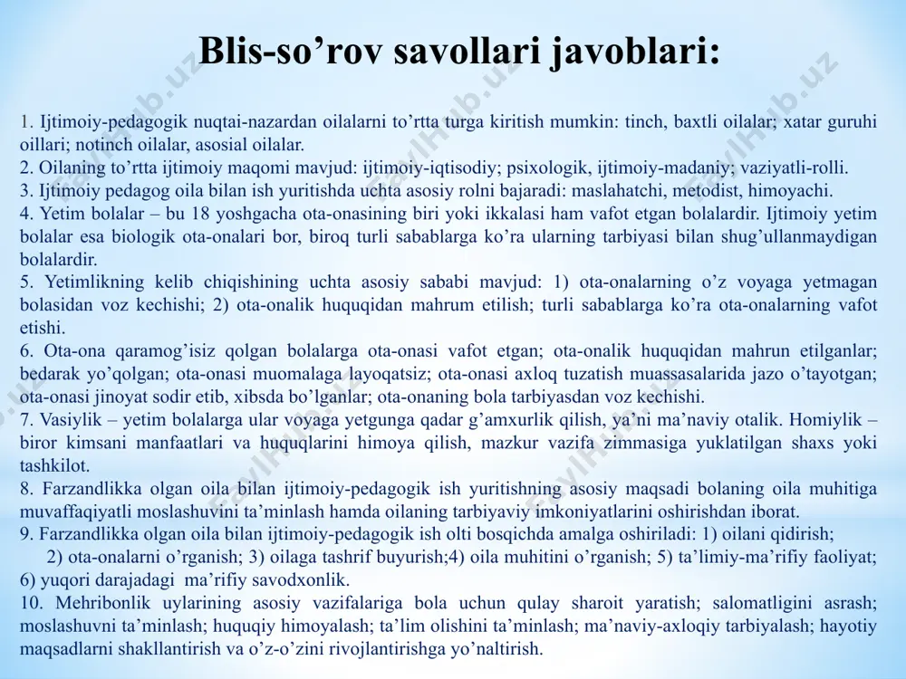 dam ko‘rsatishdagi asosiy rollari asosiy rollar oilada bolalarning erkin va to‘g‘ri rivojlanishlarini ta’minlashga xizmat qiluvchi zarur sharoitlarni yaratishda ota-onalarga ko‘maklashish, bolalarni ijtimoiylashtirishga qaratilgan ma’rifiy tadbirlarni tashkil etish bolalarni turli salbiy ijtimoiy ta’sirlar (ruhiy zo‘riqtirish, mafkuraviy tajovuz, jismoniy ekspluatatsiya hamda giyohvand, ichuvchi yoki bolalarga salbiy munosabatda bo‘luvchi ota-onalar)dan himoyalash 1-bosqich 2-bosqich bosqichlar 3-bosqich 4-bosqich oilalarga ijtimoiy-pedagogik yordam ko‘rsatish bosqichlari ijtimoiy-pedagogik yordamga muhtoj oilalarni aniqlash oilalarga ko‘rsatiladigan ijtimoiy-pedagogik yordam yo‘nalishlarini belgilash oilalarga amaliy ijtimoiy-pedagogik yordam ko‘rsatish oilalarga ko‘rsatiladigan ijtimoiy-pedagogik yordamning samaradorlik darajasini o‘rganish farzandlikka olish vasiylik oilasi vaqtinchalik qabul qiluvchi oila davlat qaramog’iga olish go’daklar uyi muruvvat uyi mehribonlik uyi maktab internat yetimlarga vasiylik qilish ota-ona qaramog‘isiz qolgan bolalarga vasiylik qilish tizimi farzandlikka olgan oila bilan olib boriladigan ijtimoiy-pedagogik faoliyat bosqichlari va mazmuni № ijtimoiy-pedagogik faoliyat bosqichlari ijtimoiy-pedagogik faoliyat vazifalari ijtimoiy-pedagogik faoliyat metodlari 1 farzandlikka oluvchi oilani qidirish. axborot berish anketa so‘rovlari, suhbat, intervyu o‘tkazish 2 bo‘lg‘usi qabul qiluvchi ota-onalarni o‘rganish. tashhis …