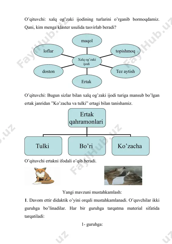 …………………………… 5. tulki shoshganicha………………………………… 2. ikkala guruhga boshqotirmalar beriladi: 1-guruhga: rasmlarning nomlarini to’g’ri joylashtirsangiz, xalq og’zaki ijodi namunalaridan birini bilib olasiz. 1. 2. 3. 4. 5. 6. 7. 8. 1 2 3 4 5 6 7 8 2-guruhga: rasmlarning nomlarini to’g’ri joylashtirsangiz, xalq og’zaki ijodi namunalaridan birini bilib olasiz. 1. 2. 3. 4. 5. 6. 1 2 3 4 5 6 faol o’quvchilar va guruh ballari e’lon qilinadi. uyga vazifa: mavzuni o’qib va mavzuga oid reja tuzib kelish loflar doston ertak tez aytish topishmoq maqol xalq og’zaki ijodi ertak qahramonlari tulki bo’ri ko’zacha