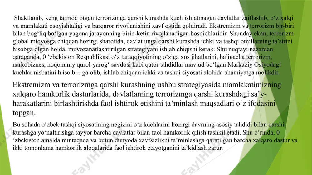 bilan qarab, vatan tinchligi yo‘lida sergak va ogoh bo‘lib yashashi yoshlarim izning ongu qalbini jaholatdan, yot va zararli g‘oyalar ta ’siridan him oya qilishi, ajdodlarimizga arm on bo‘lib qolgan, biz erishgan m ustaqillik va tinchlik-osoyishtalikni ko‘z qorachig'idek asrab-avaylashi m uhim om il hisoblanadi. buni hech qachon unutm asligim iz, tinchlik uchun doimo o‘zim izning bor kuch va im koniyatlarim izni safarbar etib yashashim iz lozim. foydalanilgan adabiyotlar 1.islom niqobi ostidagi ekstremistik va terrorchi uyushmalar (ma’lumotlar to‘plami) / k.shermuxamedov, j.karimov. — toshkent: «movarounnahr» nashriyoti, 2014. — 160 b. 2. 0 ‘zbekistonda davlat va din munosabatlari: diniy tashkilotlar, oqimlar, mafkuraviy kurashning dolzarb yo‘nalishlari. hasanboyev 0 ‘. — toshkent: «toshkent islom universiteti» nashriyot-matbaa birlashmasi, 2014. — 552 b. 3.karimov i.a.o’zbekiston:milliy istiqlol,iqtisod, siyosat,mafkura.1-jild.- t.:o’zbekiston,1996 yil. image1.jpeg image2.jpeg image3.png image4.jpeg image5.jpeg /docprops/thumbnail.jpeg