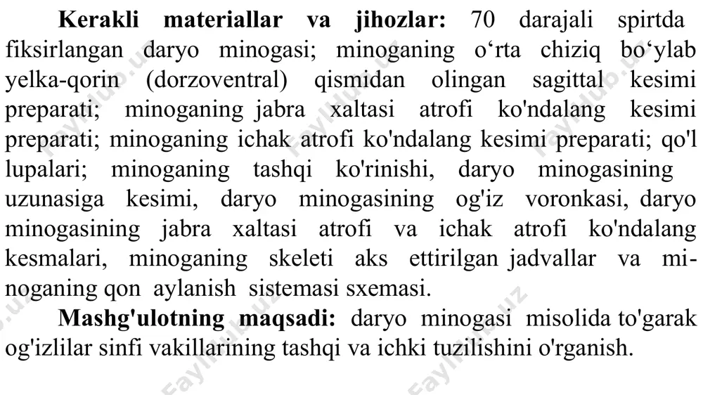 g borligi to'garak og'izlilami umurtqalilar kenja tipiga tegishli ekanligini bildiradi. tashqi ko'rinishi. daryo minogasining gavdasi hozirgi barcha to'garak og'izlilarniki singari ilonga o'xshash bo'ladi. minoga gavdasini uch qismga - bosh, tana va dumga bo'lish mumkin. bu qismlar aniq chegarasiz, ya’ni bir-biriga qo'shilib ketgan. boshining uchida so'ruvchi og'iz voronkasining katta teshigi joylashgan bo'lib, uning atrofi teri popukchalar bilan o'ralgan. og‘iz oldi voronkasining ichki yon va ustki devoriarida o'ziga xos shox tishlari bor. bularning joylanish o‘rni hamda soni sistematik ahamiyatga ega. voronka og‘iz teshigi bilan bog'langan va undagi shoxsimon moddadan iborat tishli tilning uchi ko'rinib turadi. boshining ikki yon tomonidagi takomillashgan ko'zi yarim tiniq teri parda bilan qoplangan. ikki ko'zning o'rtasida bitta (toq) burun teshigi joylashgan. undan orqaroqda teri tagidan bosh tepa organi oq dog'ga o'xshab ko'rinib turadi. boshning ikki yon qismida yettitadan kichik, yumaloq jabra teshiklari bor. bosh va tana bo'limlarining terisida yon chiziq organi joylash­gan. tananing ventral (qorin) yuzasida, tana hamda …
