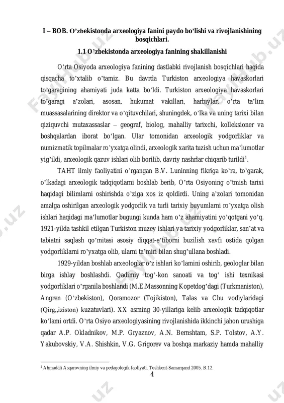 n bo’ldi. xorazm arxeologik-etnografik ekspeditsiyasining amudaryo quyi oqimida joylashgan yirik sug’orish tizimlari va shaharlari xarobalarini o’rganish jarayonida s.p. tolstovni antik davrda o’rta osiyoda quldorlik tuzumining qaysidir ma’noda o’rni bo’lganligi, lekin u klassik yunonrim qulchiligidan farq qilib, jamoa ko’rinishida bo’lgan, degan xulosaga keltirdi. uning bu qarashi ko’pchilik sobiq sho’ro olimlari tomonidan qabul qilinib, o’rta osiyoning qadimiy tarixini marksistik nuqtai nazardan davrlashtirishda asos bo’ldi. bu o’zbekiston, tojikiston, turkmaniston tarixini o’rganishda keng qo’llanilib, qadimgi davr go’yoki quldorlik davri sifatida e’tirof etila boshlandi. lekin bu qarashlarning zamirida aniq bir asos bo’lmaganligi sababli, ayrim olimlar tomonidan tanqid ostiga olindi. o’rta osiyoning barcha respublikalarida yirik arxeologik ekspeditsiyalarning tuzilishi munosabati bilan, mazkur sohaning etuk mutaxassislarini tayyorlash markazini ochish masalasini hal qilish vazifasi paydo bo’ldi. 1940-yilning 1-aprelida o’rta osiyo davlat universiteti tarix fakultetida m.e. masson rahbarligida arxeologiya kafedrasi tashkil etildi. kafedra tashkil etilgan kundan boshlab, uning a’zolari tomonidan o’zbekistonning moddiy madaniyati, me’moriy yodgorliklarini o’rganish, numizmatika va epigrafikaga oid …