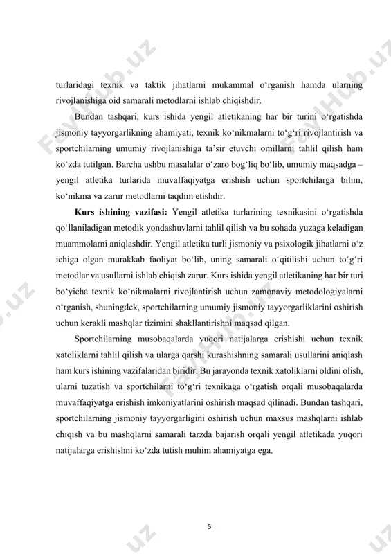 ixologik tayyorgarlikni to‘g‘ri tashkil etish, stressni boshqarish, motivatsiyani oshirish va musobaqalarga ruhiy tayyorgarlikni yaxshilash kurs ishining asosiy vazifalaridan biridir.yengil atletika turlarini o‘rgatishda innovatsion metodlardan foydalanish ham katta ahamiyatga ega. shu nuqtai nazardan, zamonaviy texnologiyalar va o‘quv metodlarini sportchilarning texnik ko‘nikmalarini rivojlantirishda qo‘llash, ularning imkoniyatlarini oshirishga yordam beradi. kurs ishining vazifalaridan yana biri bu metodik yondashuvlarning samaradorligini tahlil qilish, sportchilarni natijalarga erishish yo‘li bilan samarali tarzda tayyorlash va o‘qitishdir. umuman olganda, kurs ishining vazifasi yengil atletikaning har bir turini o‘rgatishda ilg‘or metodlarni, zamonaviy usullarni, jismoniy va psixologik tayyorgarlikni rivojlantirishni tahlil qilish orqali musobaqalarda yuqori natijalarga erishish uchun zarur bilimlarni yaratishdan iboratdir. bu orqali, nafaqat sportchilarning texnik ko‘nikmalarini oshirish, balki ularning umumiy rivojlanishiga, natijalarga erishishdagi muvaffaqiyatlariga ham ijobiy ta’sir ko‘rsatish maqsad qilinadi. kurs ishining tarkibiy tuzilmasi: ushbu kurs ishi 2 ta bob, 6 ta reja, xulosa va foydalanilgan adabiyotlardan iborat. i.bob. yengil atletika turlari texnikasini o‘rgatishning asosiy prinsiplari 1.1. yengil atletikaning asosiy …