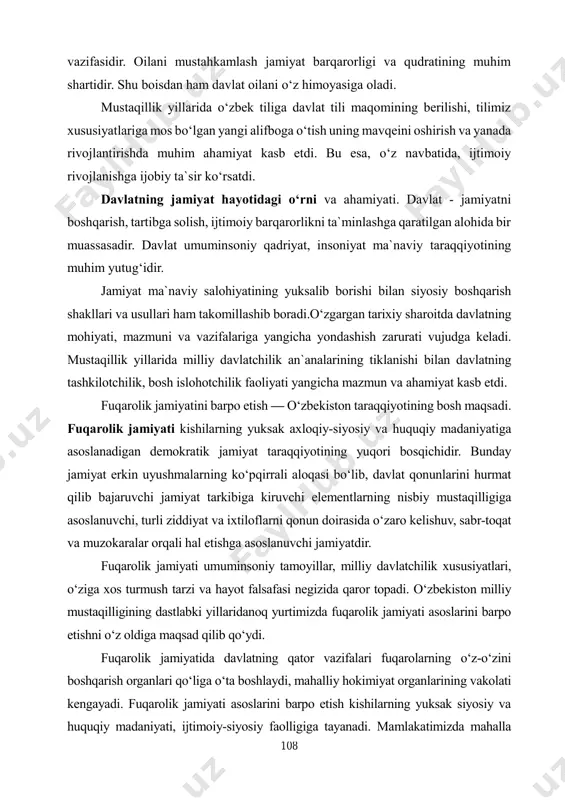 lifboga o‘tish uning mavqeini oshirish va yanada rivojlantirishda muhim ahamiyat kasb etdi. bu esa, o‘z navbatida, ijtimoiy rivojlanishga ijobiy ta`sir ko‘rsatdi. davlatning jamiyat hayotidagi o‘rni va ahamiyati. davlat - jamiyatni boshqarish, tartibga solish, ijtimoiy barqarorlikni ta`minlashga qaratilgan alohida bir muassasadir. davlat umuminsoniy qadriyat, insoniyat ma`naviy taraqqiyotining muhim yutug‘idir. jamiyat ma`naviy salohiyatining yuksalib borishi bilan siyosiy boshqarish shakllari va usullari ham takomillashib boradi.o‘zgargan tarixiy sharoitda davlatning mohiyati, mazmuni va vazifalariga yangicha yondashish zarurati vujudga keladi. mustaqillik yillarida milliy davlatchilik an`analarining tiklanishi bilan davlatning tashkilotchilik, bosh islohotchilik faoliyati yangicha mazmun va ahamiyat kasb etdi. fuqarolik jamiyatini barpo etish — o‘zbekiston taraqqiyotining bosh maqsadi. fuqarolik jamiyati kishilarning yuksak axloqiy-siyosiy va huquqiy madaniyatiga asoslanadigan demokratik jamiyat taraqqiyotining yuqori bosqichidir. bunday jamiyat erkin uyushmalarning ko‘pqirrali aloqasi bo‘lib, davlat qonunlarini hurmat qilib bajaruvchi jamiyat tarkibiga kiruvchi elementlarning nisbiy mustaqilligiga asoslanuvchi, turli ziddiyat va ixtiloflarni qonun doirasida o‘zaro kelishuv, sabr-toqat va muzokaralar orqali hal etishga asoslanuvchi jamiyatdir. …