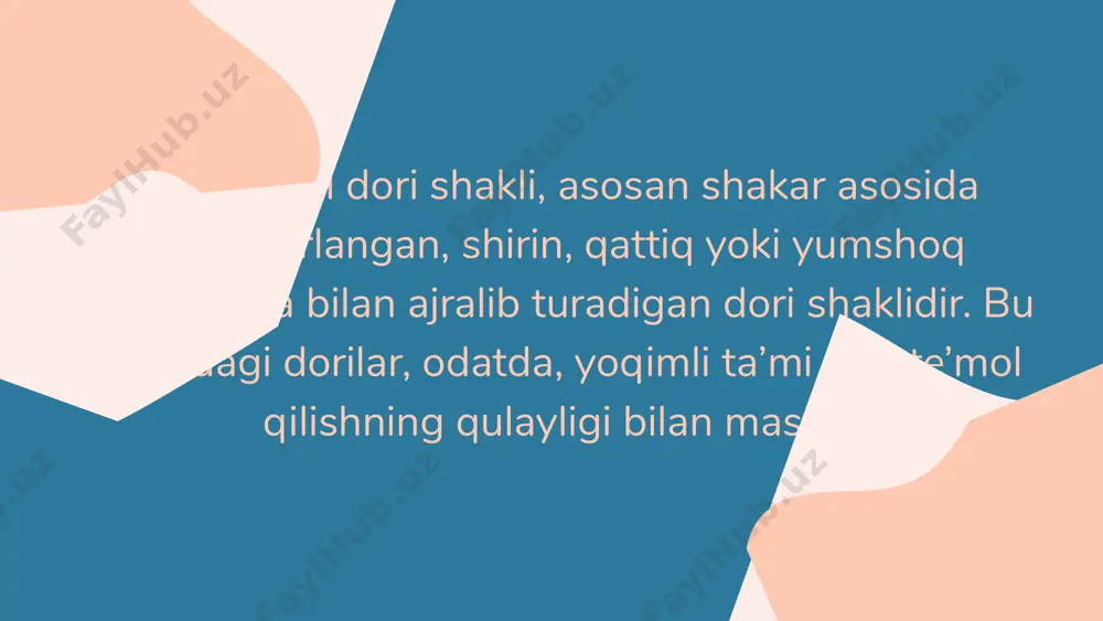 lash sharoitlari: • karamel dori shakllari quruq, salqin joylarda saqlanishi kerak. harorat va namlik darajasi nazorat qilinishi zarur. • qadoqlash va o’rash jarayonlaridan so’ng, saqlash sharoitlariga alohida e’tibor berish zarur. • transport: • dori shakllari transport jarayonida ham yaxshi sharoitlarda saqlanishi kerak. oziq-ovqat standartlariga javob beruvchi transport vositalari ishlatiladi. • har qanday mexanik zararlardan himoya qilish uchun zarur choralar ko’rilishi lozim. nazorat va monitoring: • o’rash va gadoqlash jarayonlari davomida sifat nazorati o’rnatilishi kerak. har bir partiya uchun sifat nazorati o’tkaziladi. • o’rashdan keyin sifatini tekshirish va saqlash sharoitlarini doimiy ravishda kuzatish zarur. sifatni ta’minlash jarayoni karamel dori shakli haqida umumiy xulosa karamel dori shakli, asosan shakar asosida tayyorlangan va shirin ta’mi bilan ajralib turadigan dori shaklidir. u oson iste’mol qilish imkonini beradi, bu esa bolalar va kattalar orasida mashhurligini oshiradi. karamel dori shakllari ishlab chiqarishda sifat nazorati, ingredientlar tanlovi va tayyorlash jarayoni juda muhimdir. ular yaxshi saqlash muddati, qiziqarli …