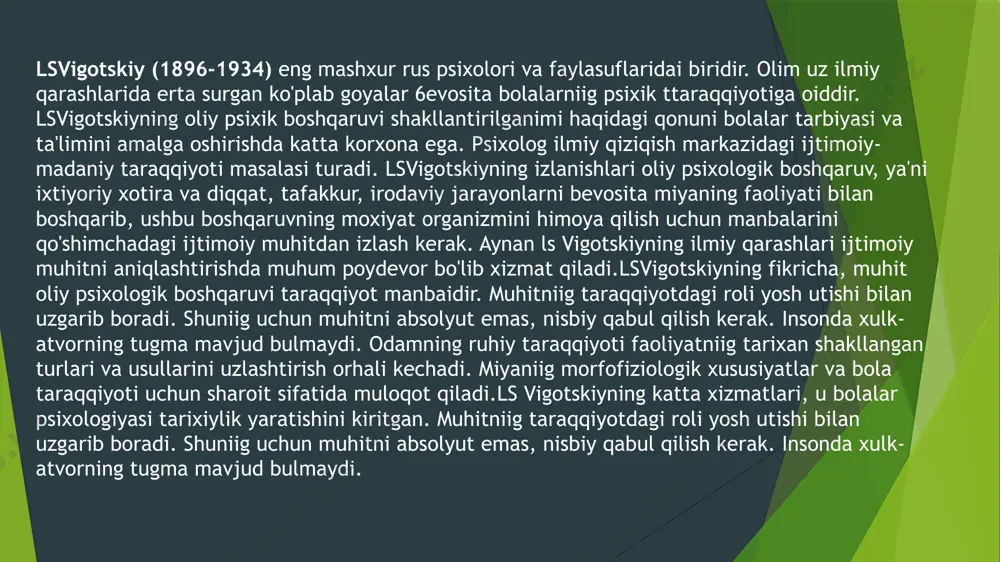 yo‘llari va tamoyillarini targ‘ib qildi. nechayev pavlov ivan petrovich [1849.14(26).9, ryazan – 1936.27.2, leningrad] — rus fiziologi; odam va hayvonlar oliy nerv faoliyati taʼlimoti asoschilaridan. bexterev vladimir mixaylovich (1857.20.1 (1.2) , kirov viloyatining sorali (hoz. bexterevo) qishlogʻi — 1927.24.12, moskva]— rus psixonevrologi e`tiboringiz uchun rahmat tayorladi: haydarova bahora image1.jpg image2.jpg image3.jpg image4.jpg image5.jpg image6.jpg