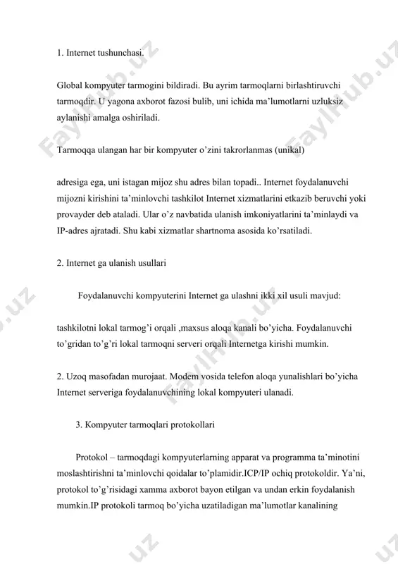 qa birlishi, internet ni tashkil etadi. 4. www jahon kompyuter turi 4.1. asosiy tushuncha va ta’riflar internetni eng yaxshi xizmatlaridan bo’lib, matn, grafik axborot, tovushli bo’laklardan tashkil topgan xujjatlar bilan ishlash imkoniyatini yaratib beradi, gipermatnli xujjatlarni uzatishni boshqaradi. кeng o’zaro bog’langan elektron xujjatlar tuplamini, ular orasida gipermatnli boglanish mavjudligi uchun shu atama berilgan. world wide web ni ayrim xujjatini web-sahifa deyiladi. odatda bu turli xil kurinishdagi axborotlar kombinasiyasidir (ovoz, video, matn, grafik tasvirlar). web-sahifani yaratish uchun gipermatnni hyper text marcup language (html) tili qo’llaniladi xujjatga maxsus tuzulmalar kiritish – teglar yordamida xujjatni mantiqiy tuzilmasi beriladi. teglar matnni formatlash va ob’ektlarni joylashtirishni boshqaradi. html tili yordamida yaratilgan xujjatlar html-xujjatlari deyiladi. world wide web ni ajratib turadigan xususiyati – mazmunan boglangan. adresi yaqqol kursatilmagan bir xujjatdan boshqasiga utish vositasini borligidir. xujjatlar orasidagi boglanish gipermatnli murojaatlar yordamida amalga oshiriladi giperishorat (gipersso’lka) – xujjatni belgilangan bulagi bulib (matn yoki rasm), u bilan boshqa web-xujjatni …