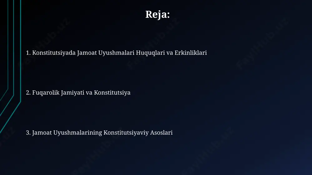 lat notijorat tashkilotlari va boshqalar – faol hissa qo'shadi, ularning huquqiy asoslari konstitutsiyada belgilangan. jamoat uyushmalarining xalqaro hamkorligi jamoat uyushmalari o'rtasidagi xalqaro hamkorlik 50 dan ortiq davlatdagi 1000 dan ziyod tashkilotni qamrab oladi, ularning asosiy maqsadi global muammolarni hal qilishdir. xalqaro hamkorlik doirasida kamida 3 ta yirik grant dasturi amalga oshirilib, 2022 yilda 5 million aqsh dollaridan ortiq mablag' jalb qilingan. jamoat uyushmalariga nisbatan cheklovlar va ularning asoslari jamoat uyushmalari faoliyatining 1-modda va 25-modda konstitutsiyaviy huquqlarga mos kelmasligi holatlarida, davlat tomonidan cheklovlar qo'llanilishi mumkin. konstitutsiyaning 26-moddasi jamoat uyushmalariga milliy xavfsizlik, jamoat tartibini buzish yoki boshqalar huquqlarini buzuvchi faoliyatni amalga oshirishga taqiq qo'yadi. oav va jamoat uyushmalari jamoat uyushmalari va oavlarning 30% dan ortig'i nodavlat notijorat tashkilotlari bo'lib, ularning moliyaviy mustaqilligi va davlat tomonidan aralashmasligi konstitutsiya va qonunlar bilan himoya qilinadi. oav va jamoat uyushmalari faoliyatining 1992-yil konstitutsiyasining 25-moddasi bilan kafolatlangan erkinligi, ularning siyosiy tizimdagi rolini belgilaydi va fuqarolarning siyosiy ishtirokiga …