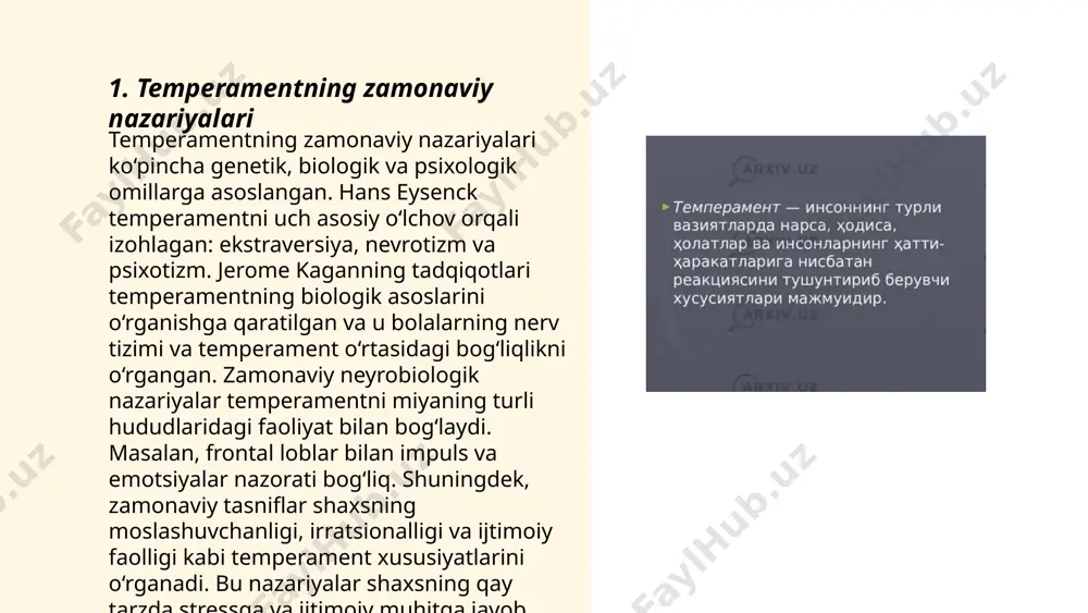 da empatiya, stressga chidamlilik va ijtimoiy aloqalarni o‘rnatishga moyillik kabi ko‘rsatkichlar o‘rtasidagi farqlar kuzatilishi mumkin. tadqiqotlar shuni ko‘rsatadiki, bu farqlar asosan biologik, ijtimoiy va madaniy omillar ta'sirida yuzaga keladi. 20-asr oxiri va 21-asr boshlarida jinsiy dimorfizmni o‘rganish, bu farqlarning jamiyatda qanday aks etishiga yanada chuqurroq yondashish imkonini berdi. ... t.me/slaydai_bot shaxsiyat rivojlanishida jinsiy dimorfizmning roli inson xulqi, qobiliyatlari va psixologik xususiyatlariga ta'sir ko‘rsatadi. tadqiqotlar jinsiy dimorfizmning miya tuzilishidagi, gormonlar darajasidagi va biologik ritmlardagi farqlar orqali yuzaga chiqishini aniqlagan. masalan, ayollarda verbal qobiliyatlar, empatiya va ijtimoiy intuitsiya kuchliroq bo‘lishi mumkin, erkaklarda esa fazoviy tasavvur va matematik qobiliyatlar ustunlik qilishi ehtimoli yuqori. shaxsiyatning rivojlanishi jinsiy dimorfizm bilan bog‘liq holda gormonal o‘zgarishlar va ularning miyaga ta'siri orqali ham izohlanadi. bu jarayonlar insonning hayotiy tanlovlari, ijtimoiy munosabatlari va o‘zini anglash darajasiga ta'sir ko‘rsatishi mumkin. ... t.me/slaydai_bot 7. temperament va psixologik differensial temperament va psixologik differensial sohalari inson psixologiyasidagi muhim yo'nalishlardir. temperament - bu shaxsning …