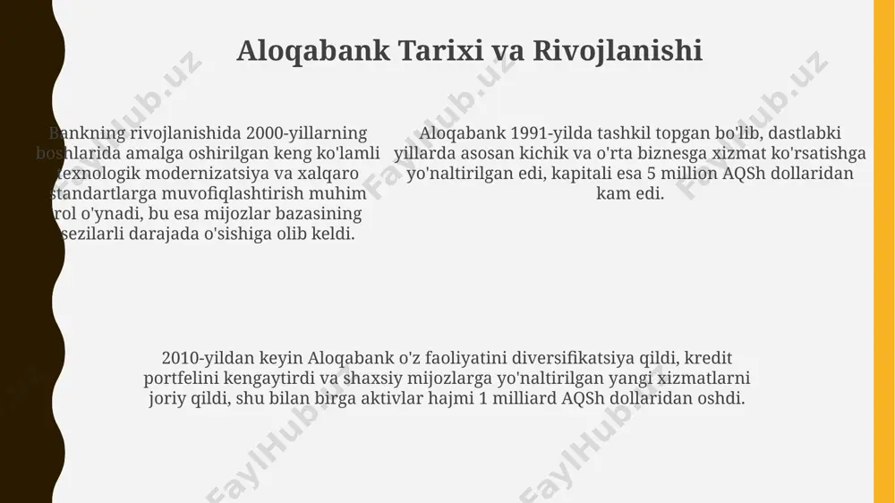 miy veb-saytida joylashgan "savol-javoblar" bo‘limi 24/7 foydalanuvchilarga xizmat ko‘rsatadi va 70% dan ortiq savollarga onlayn javob topish mumkin. mijozlar bilan ishlash siyosati aloqabank, mijozlarning murojaatlariga 24 soat ichida javob berishga kafolat beradi va muammolarni hal qilish uchun o'rtacha 3 ish kunini sarflaydi. aloqabank mijozlarga 24/7 onlayn xizmat ko‘rsatish imkoniyatini taqdim etib, mobil bank va internet-bank orqali 100 dan ortiq operatsiyani amalga oshirishga imkon beradi. bankning mijozlar bilan aloqasi individual yondashuvga asoslangan bo'lib, har bir segment uchun maxsus takliflar va kamida 3 ta turdagi xizmat paketlari mavjud. e'tiboringiz uchun rahmat @taqdimot_robot