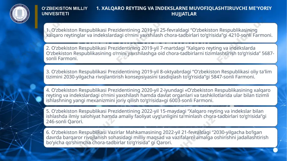 lari indeksi // fdi regulatory restrictiveness index. 9. mamlakatlarga xos xatarlarni tasniflash tizimi // country risk classifications. 10. inson kamoloti indeksi // human development index. 11. global innovasiyalar indeksi // global innovation index. 12. elektron hukumatni rivojlantirish indeksi // e-government development index. 13. global raqobatbardoshlik indeksi // global competitiveness index. 14. byudjet ochiqligi indeksi // open budget index. adliya vazirligi tasarrufidagi siyosiy-huquqiy sohalar bo‘yicha xalqaro reyting va indeks ko‘rsatkichlari: 1. jahon mamlakatlari demokratiyasi indeksi // democracy index. 2. korrupsiyani qabul qilish indeksi // corruption perceptions index. 3. huquq ustuvorligi indeksi // rule of law index. 4. jahon matbuot erkinligi indeksi // world press freedom index. 5. boshqaruv sifati indekatorlari // governance indicators. respublikаdаgi tаdqiqot institutlаrigа аlohidа xаlqаro reytinglаr biriktirildi vа ulаrgа quyidаgi vаzifаlаr yuklаtildi: xаlqаro reytinglаrning metodologik vа boshqа tаrkibiy qismlаrini аniqlаsh, ulаrni аmаldаgi qonunchilikkа implementаtsiyа qilish, o‘zbekiston respublikаsining xаlqаro reytinglаrdаgi pаst ko‘rsаtkichlаrigа sаbаb bo‘lаyotgаn аsosiy omillаrni аniqlаsh; o‘zini o‘zi …
