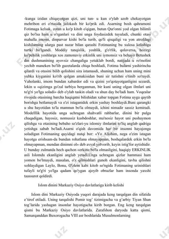 i huzurida otasiga hammod fotiha surasini chiroyli qilib tilovat qilib berdi. shunda imom hanifa cho'ntaklaridagi 500 dinorni ustozning oldiga qo'ydilar. 1 dinor tanga 5 gramm oltindan bo'ladi 500 dinor katta pul bo'lgan. 1 dinorga o'sha mahalda katta qo'y berilgan. bu degani fotiha surasini o'rgatgani uchun ustozga 500 ta qo'y berildi . shunda ustoz biroz xijolat bo'ldi. hazratga juda ko'p pul berganligi bitta dinor ham ko'plik qilishini aytganida imom hanifa bir gap aytdi : «ustoz, xizm ngizni yengil sanamang . bu hali yonimda bo'lganidir. agar yonimda butun molim bo'lganida poyingizga qo'ygan bo'lardi. o'g'limga fotihani, qur'onning onasi bo'lgan surani o'rgatganingiz uchun" go'zal tarbiyadan yaxshi meros yo'q to'g'ri, har bir ota - ona farzandiga faqat yaxshilikni ilinadi. farzandi uchun ortiqcha orzu - havas qiladi va ikkalasi birga ishlaydi. ota - ona farzandini tarbiya qilish kerak bo'lgan paytda orzu - havas uchun tirikchilik qilishga majbur bo'ladi, bola tarbiya oladigan yoshda to'liq tarbiya ololmay qoladi. …