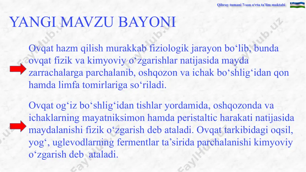 pgan. bu muskullar ichakning mayatsimon va peristaltik harakatini ta’minlaydi. ichakning mayatniksimon harakati natijasida ovqat moddalari ichak shirasi bilan aralashadi. bu ovqatning parchalanib , hazm bo‘lishini ta’minlaydi. ichakning to‘lqinsimon harakati ovqat moddalari ichak bo‘shliq’i bo‘ylab yuqoridan pastga tomon siljishini ta’minlaydi. ichak shiliq qavatida vorsinkalar bor. vorsinkalar ovqat moddalarini ichak devorida hazm bo‘lishini ta’minlaydi. qibray tumani 7-son o‘rta ta’lim maktabi yo‘g‘on ichak ingichka ichakning davomi bo‘lib, uning uzunligi katta odamda o‘rtacha 1,5 m bo‘ladi. u qorin bo‘shlig‘ida ingichka ichakning atrofini o‘rab turadi. yo‘g‘on ichak quyidagi qismlardan iborat: ko‘richak va uning chuvalchangsimon o‘simta (appendiks); ko‘tariluvchi chambar ichak; ko‘ndalang chambar ichak; tushuvchi chambar ichak; sigmasimon ichak; to‘g‘ri ichak . yo‘g‘on ichak shilliq pardasida vorsinkalar bo‘lmaydi. yo‘g‘on ichakda, asosan, suv, mineral tuzlar so‘riladi. bu yerda ovqat qoldig‘i quyilib, najas sifatida to‘g‘ri ichak orqali tashqariga chiqariladi. qibray tumani 7-son o‘rta ta’lim maktabi uyga vazifa –yangi mavzuni o‘qish, savollarga javob yozish , rasmlar bilan ishlash. e’tiboringiz uchun …