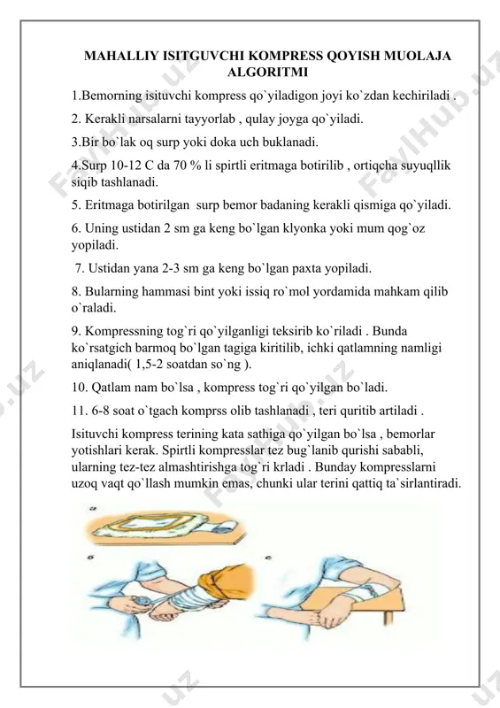 sozlang. 11. elektrod bemorning tanasi orqali yoki tanadan 1-2 sm masofada o`tkaziladi. 12. jarayon tugashi bilan quvvatni 0 holatiga keltirin “ tarmoq” ni ochiring. 13.muolajani varqaga belgilang 14. bemorga keying kelish vaqti va sanasi haqida habar bering. 15. elektrodni oqayotgan suvda sovun bilan yuving quriting 70% spirt bilan arting uvch terapiya algoritmi 1.shifokor ko`rsatmasi bilan tarnishing. 2. ‘uhf-66 “ , “ uhf – 70 “ apparatlari ishlatiladi. 3. kerakli diametrdagi kondensator plitalarini asbobga joylashtiring ( № 1, № 2, № 3 ) . 4. bemorni muolaja uchun qulay joyga qo`ying , oyoqlari koachuk to`shagda bo`lishi kerak. 5. leyzon ustidagi kondensator plitalarini joylashtiring ( bo`ylama, ko`ndalang ). 6. “ voltaj “ ni yoqing , shunda indicator chiroqchasi qizil ranga o`tishi kerak. 7.qurilmada “ quvvat “ ni o`rnating ( ta`sir qilish joyiga va muolajaning maqsadiga qarab ). 8. “ tyuning “ tugmachasi va neon lampochkadan foydalanib , asbobning mexanik zanjirini terapevtik rezonans …